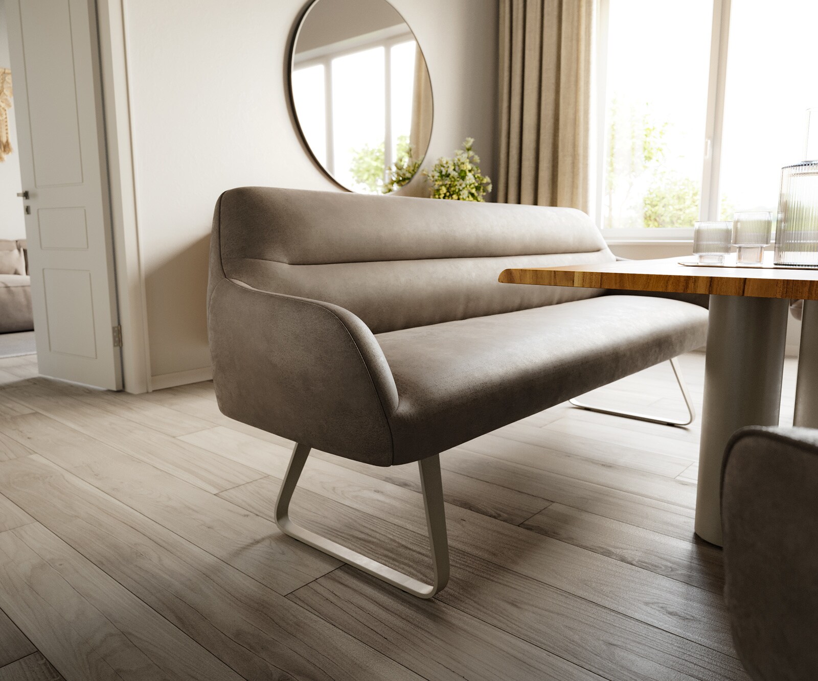 Eetkamerbank Taya-Flex 200 cm microvelours taupe vintage platte sledebasis afwerking met titaniumeffect pocketvering 4