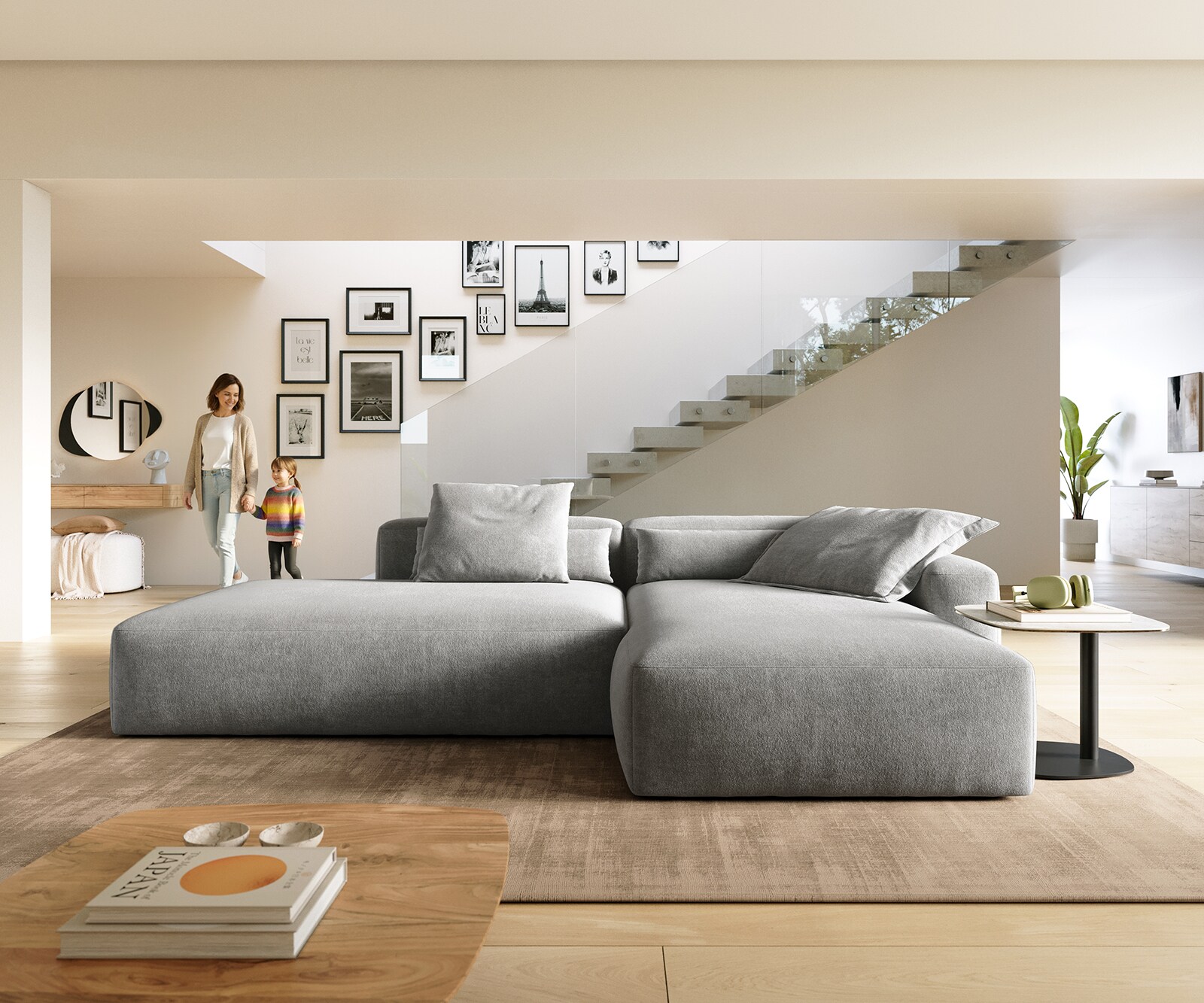 Hoekbank Freestyle 310x200 cm Zachte stof met structuur Grijs kapnaad