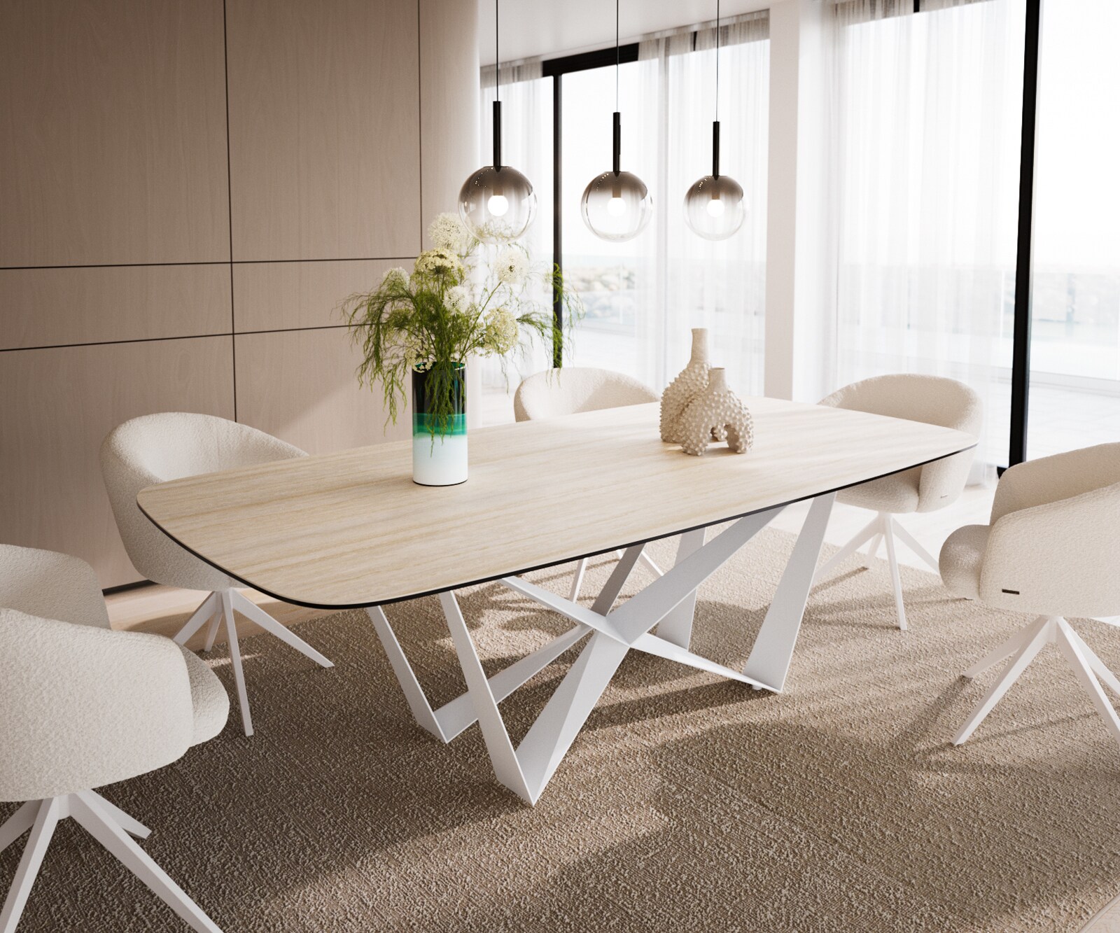 Eetkamertafel Edge Boot 240x120 cm Keramiek Travertin Natuur Spider Metaal Wit 1