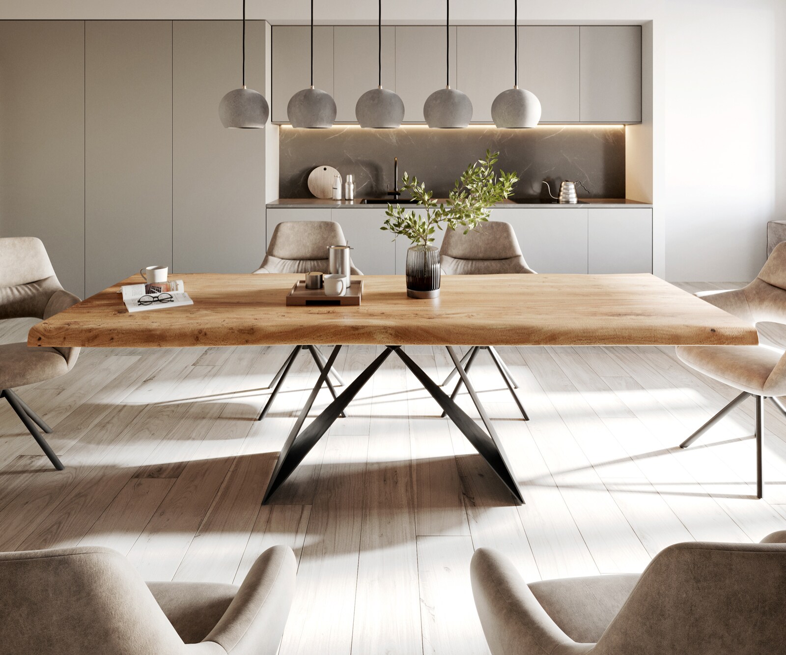 Eettafel Edge 260x100 XL acacia natuur V-frame staal  zwart  Live-Edge 1