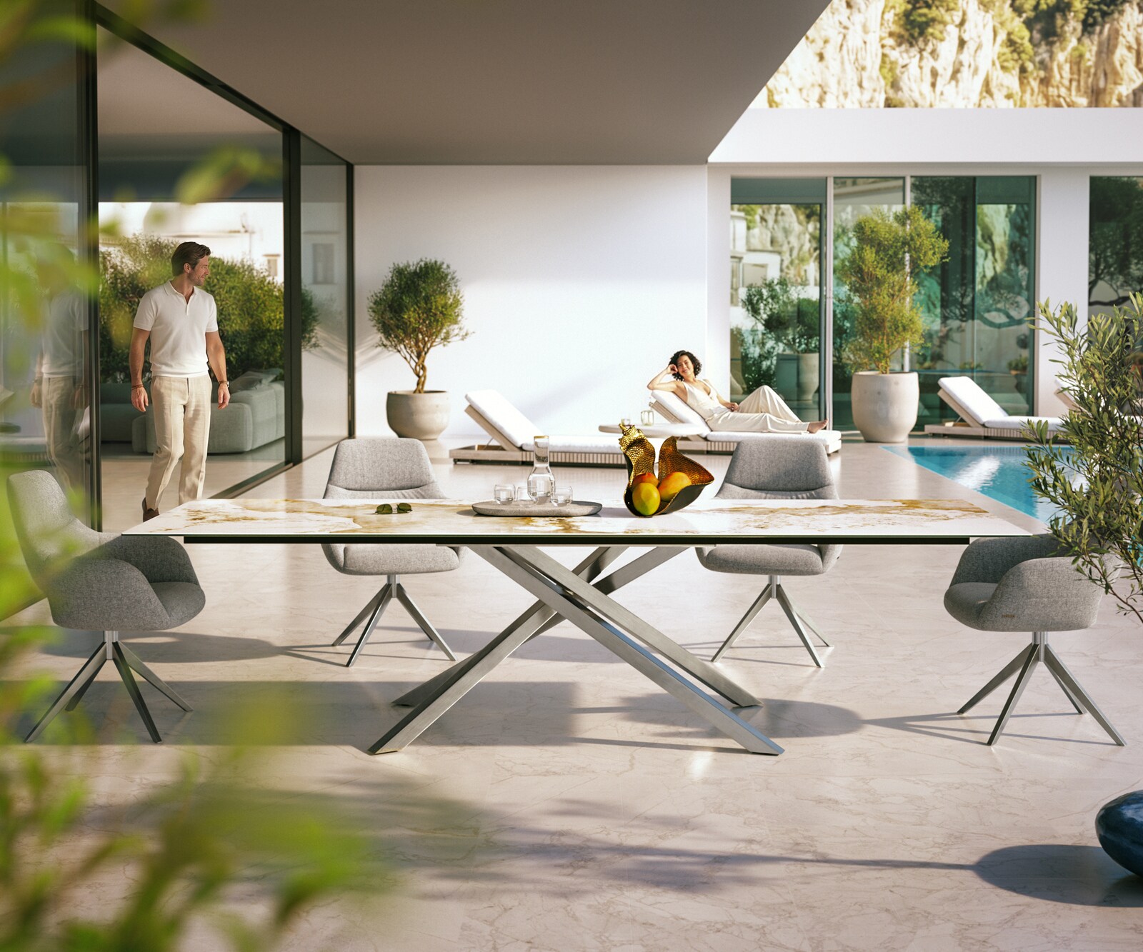 Outdoortafel Edge 300x100 cm keramiek Minas Melange wit-beige kruispoot rechthoekig roestvrij staal 1