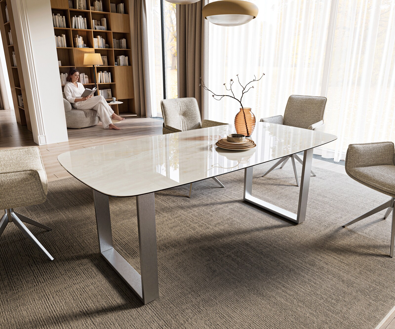 Eettafel Edge boot 200x100 cm keramiek Onyx Champagne roestvrij staal breed 1