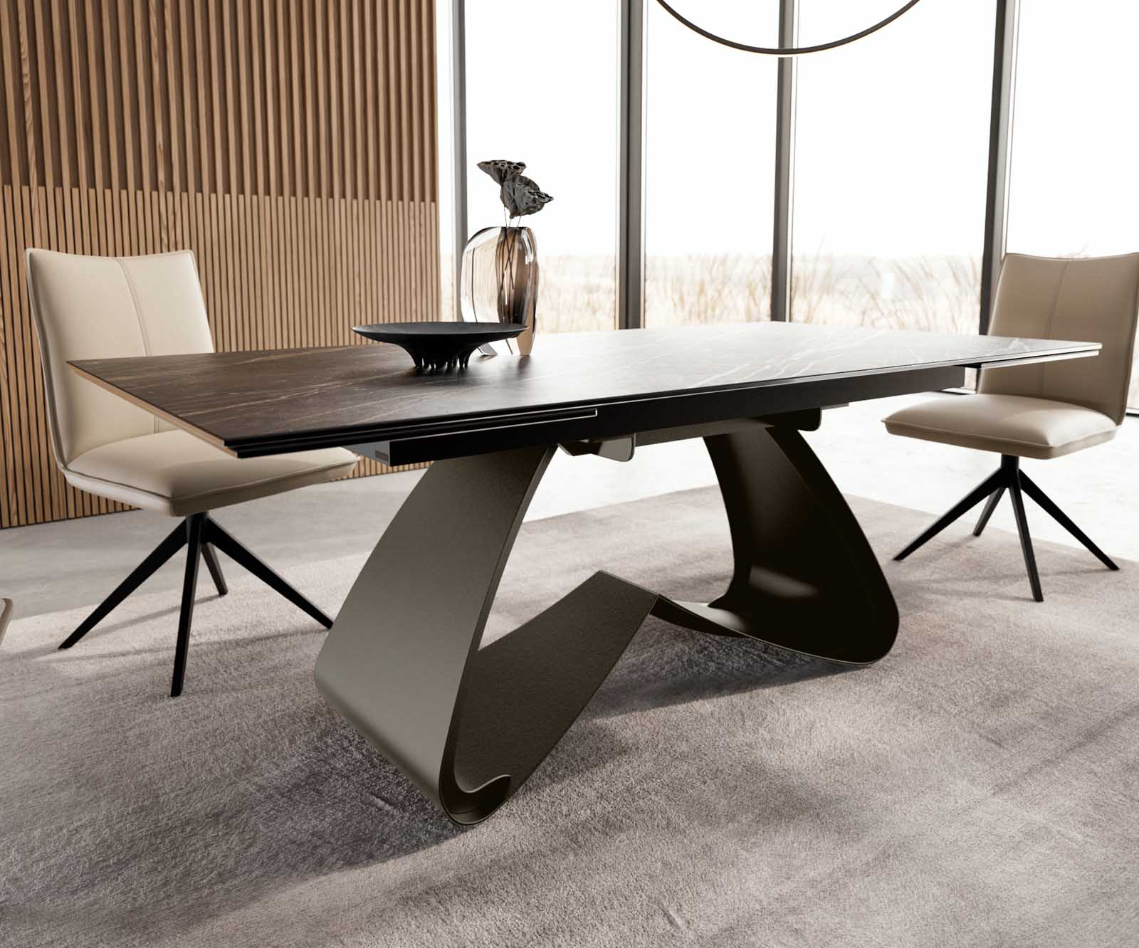 Eettafel Edge 200-300x100 Keramiek Laminam®Noir Desir Bruin W-frame Effectafwerking Titanium Uitbreidbaar 6