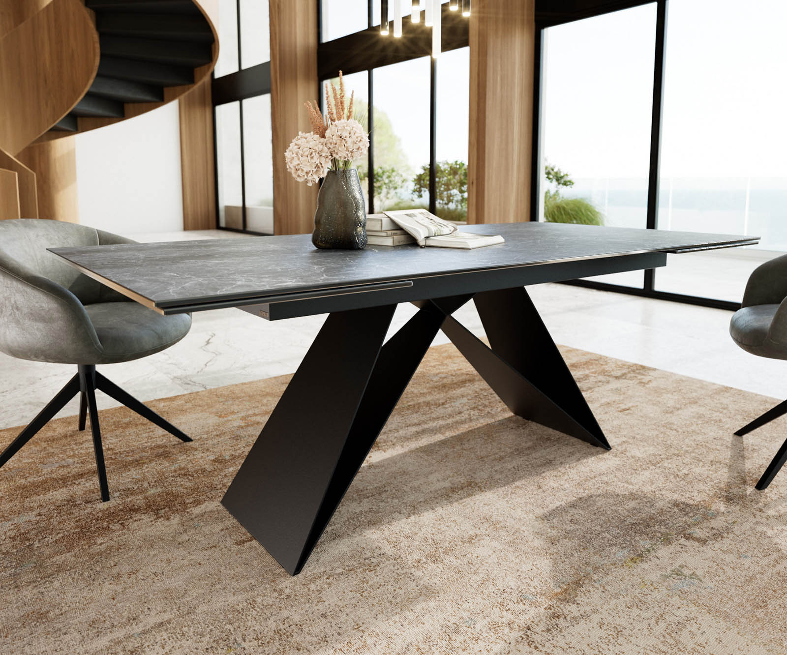 Eetkamertafel Edge 200-300x100 keramiek Laminam®Nero Greco grijs V-frame vlak staal zwart uitschuifbaar 3