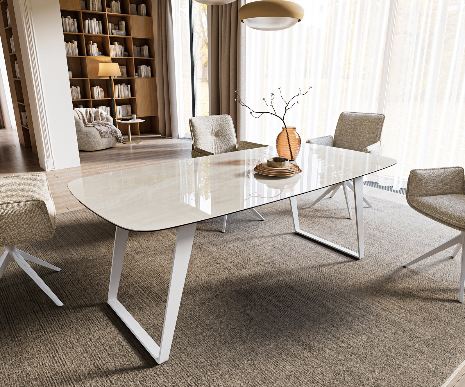 Eettafel Edge boot 200x100 cm keramiek Onyx Champagne schuin onderstel metaal wit 1