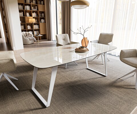 Eettafel Edge boot 200x100 cm keramiek Onyx Champagne schuin onderstel metaal wit
