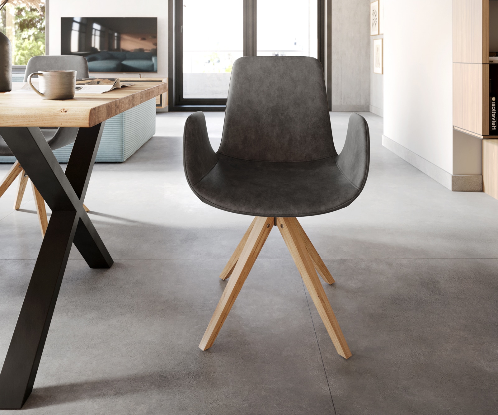 Eetkamerstoel Ilia-Flex met armleuning microvelours antraciet vintage houten frame hoekig natuur 1 Eetkamerstoel Ilia-Flex met armleuning microvelours antraciet vintage houten frame hoekig natuur 1
