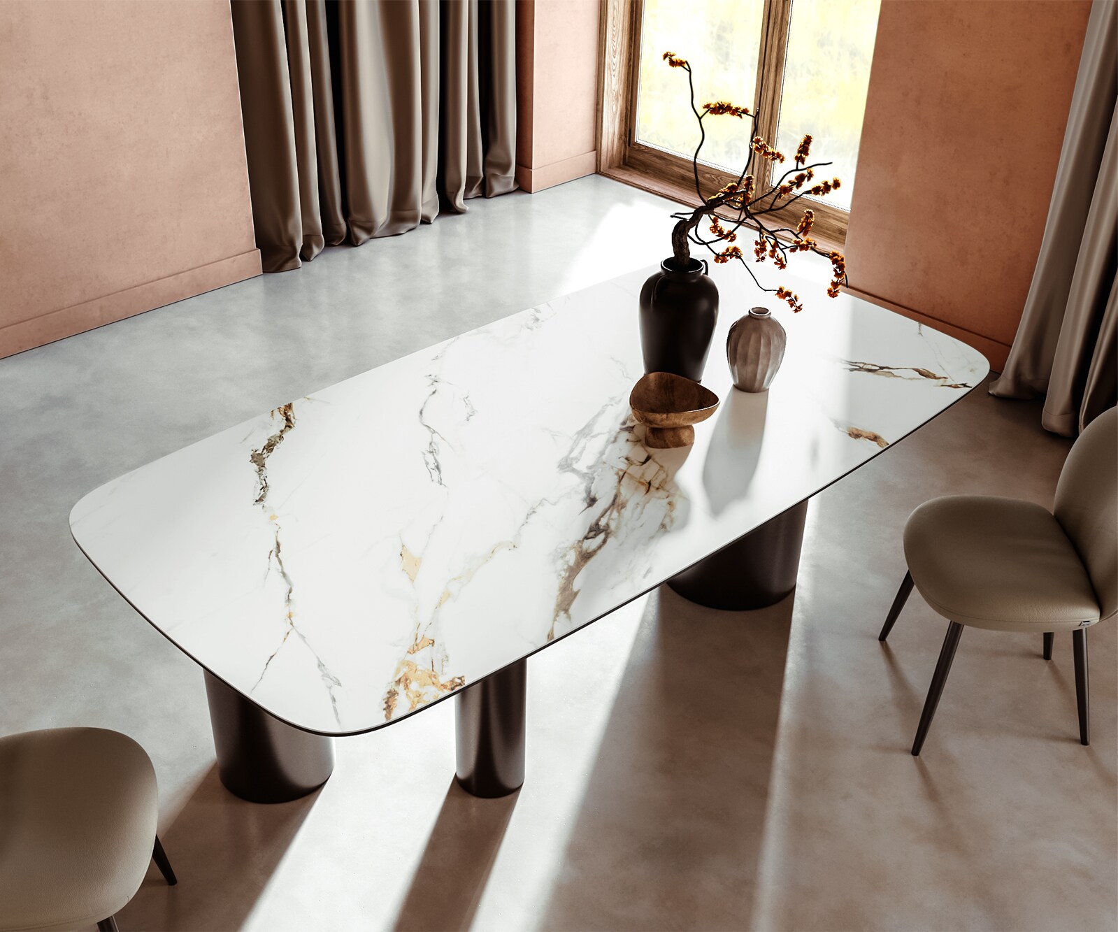 Eetkamertafel Edge Boot 240x120 keramiek Calacatta Luxe wit-Gold-grijs Troa roestvrij staal grafiet 3