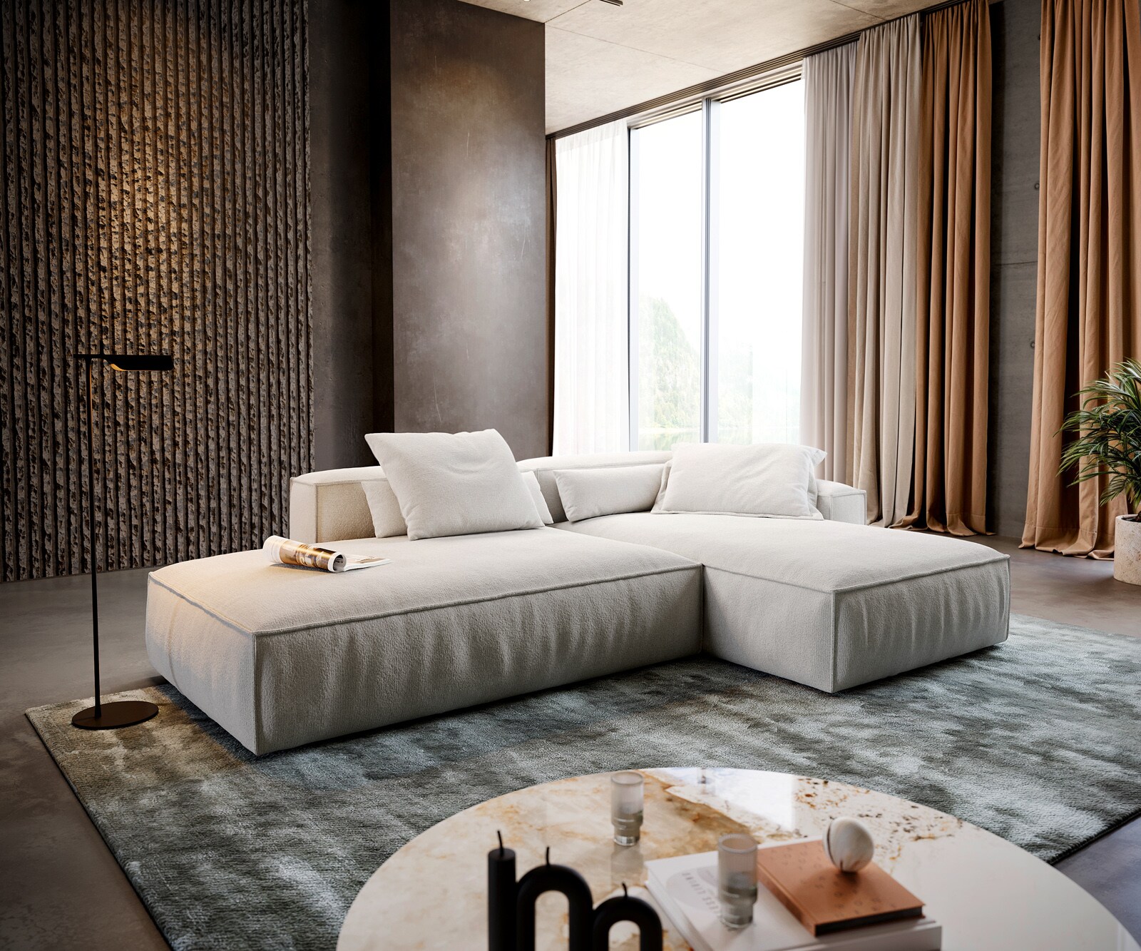 Hoekbank Freestyle 310x200 cm Bouclé zacht Beige kedernaad 2