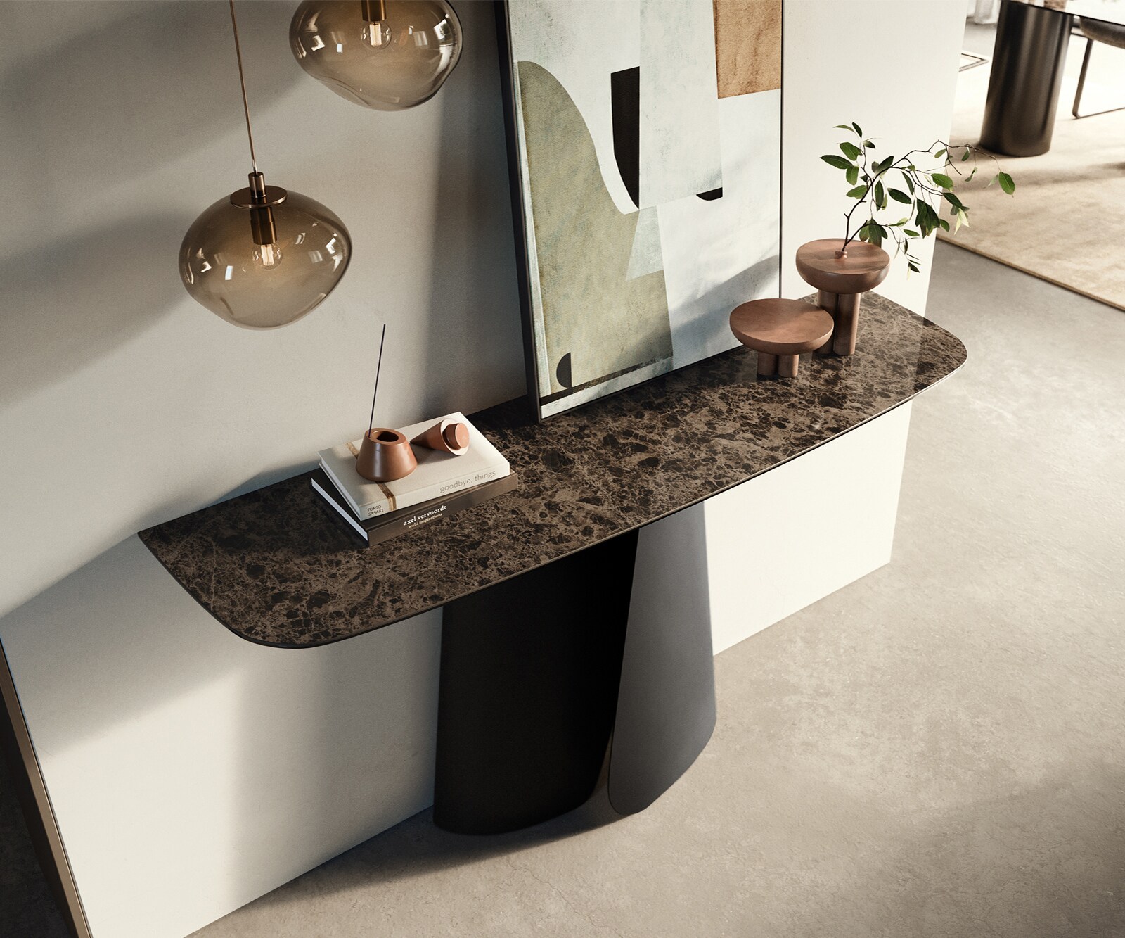 Consoletafel Edge Bootvorm 140x40 cm Keramiek Emperador Extra Lucidato Dunkelbraun Livos Metaal Zwart 1