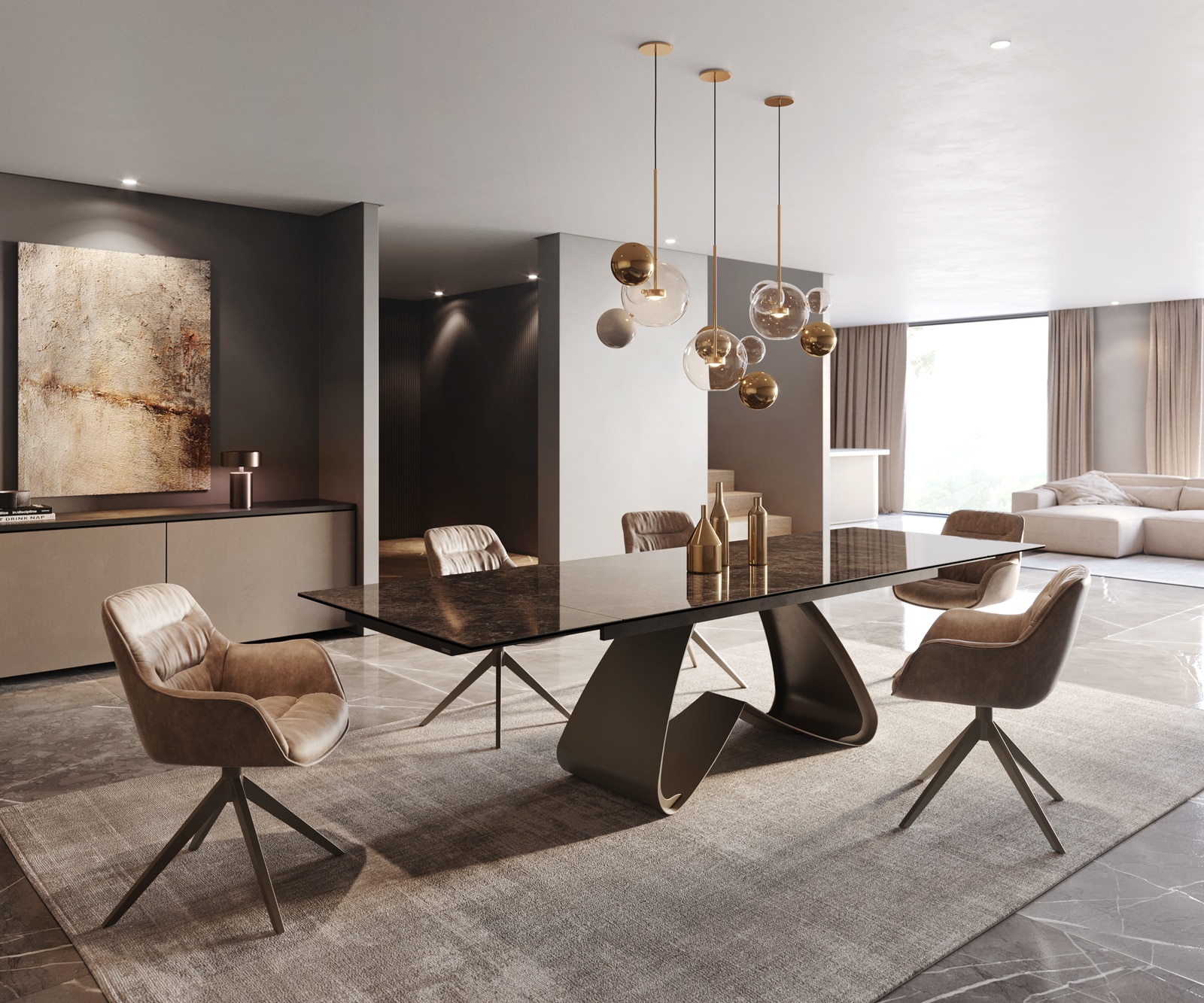 Eetkamertafel Edge 200-300x100 Laminam® Emperador Extra Lucidato donkerbruin W-frame effectafwerking titaan uittrekbaar 6