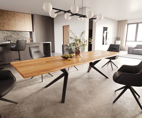Eettafel Edge 300x100x4 eiken natuur Zenthara kantig metaal zwart Live-Edge