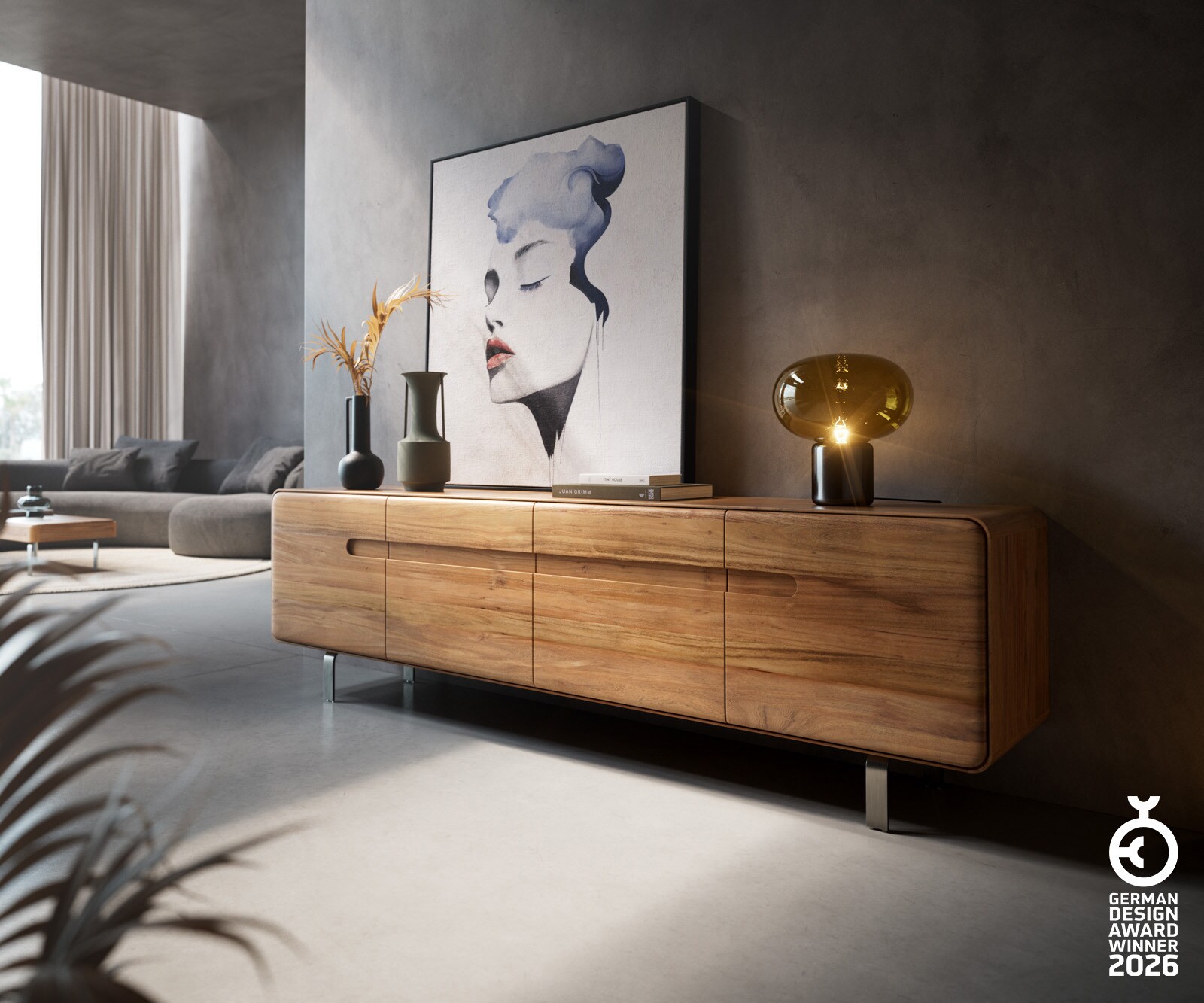 Tv-meubel Anaya 200 cm natuur acacia 4 deuren L-vormig onderstel roestvrij staal