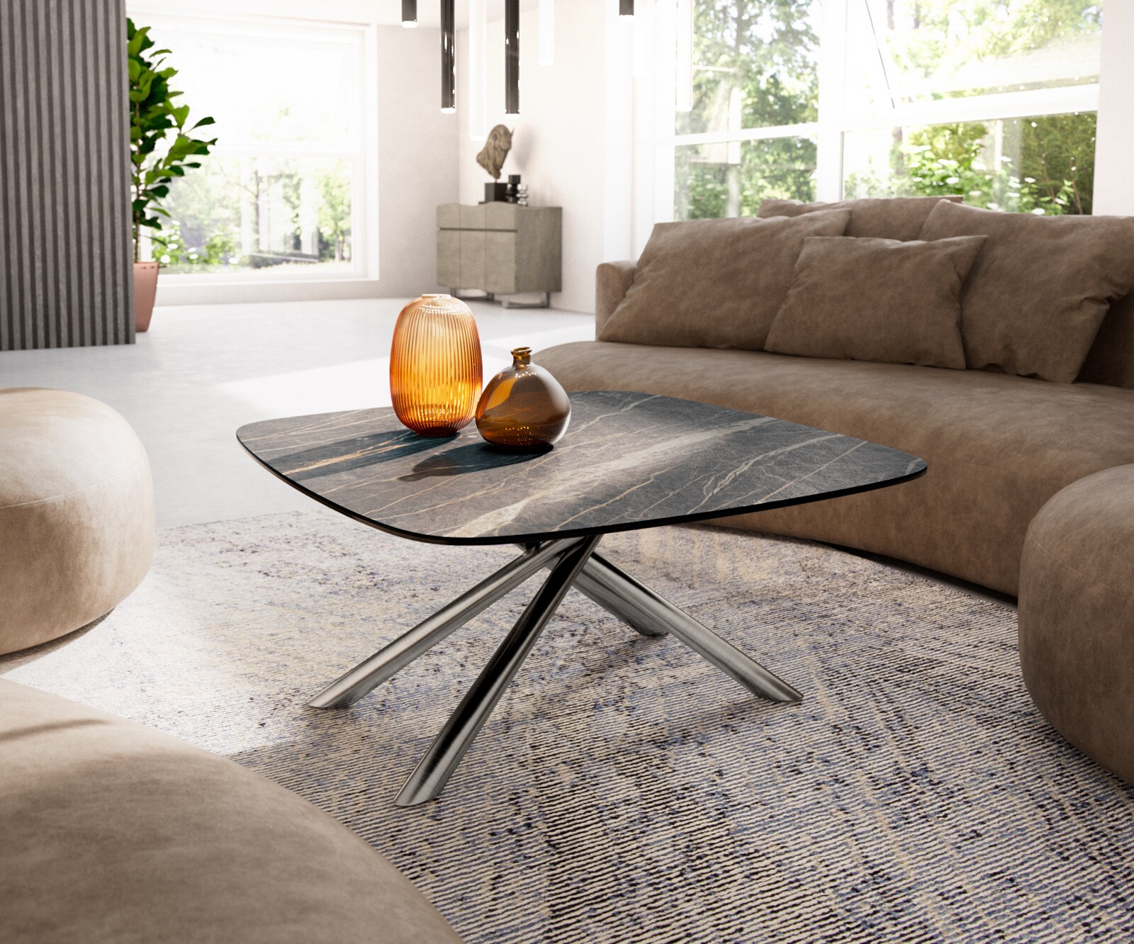 Salontafel Edge Boot 90x90 cm keramiek Laminam® Noir Desir bruin Sarity geborsteld roestvrij staal