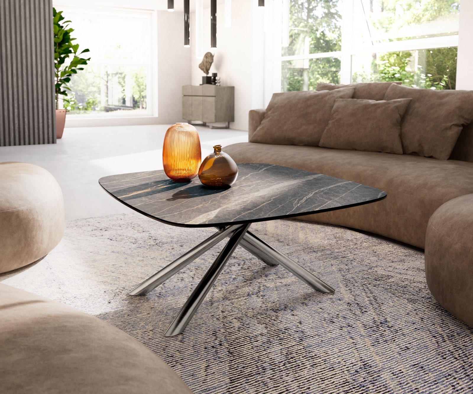 Salontafel Edge Boot 90x90 cm keramiek Laminam® Noir Desir bruin Sarity geborsteld roestvrij staal 1