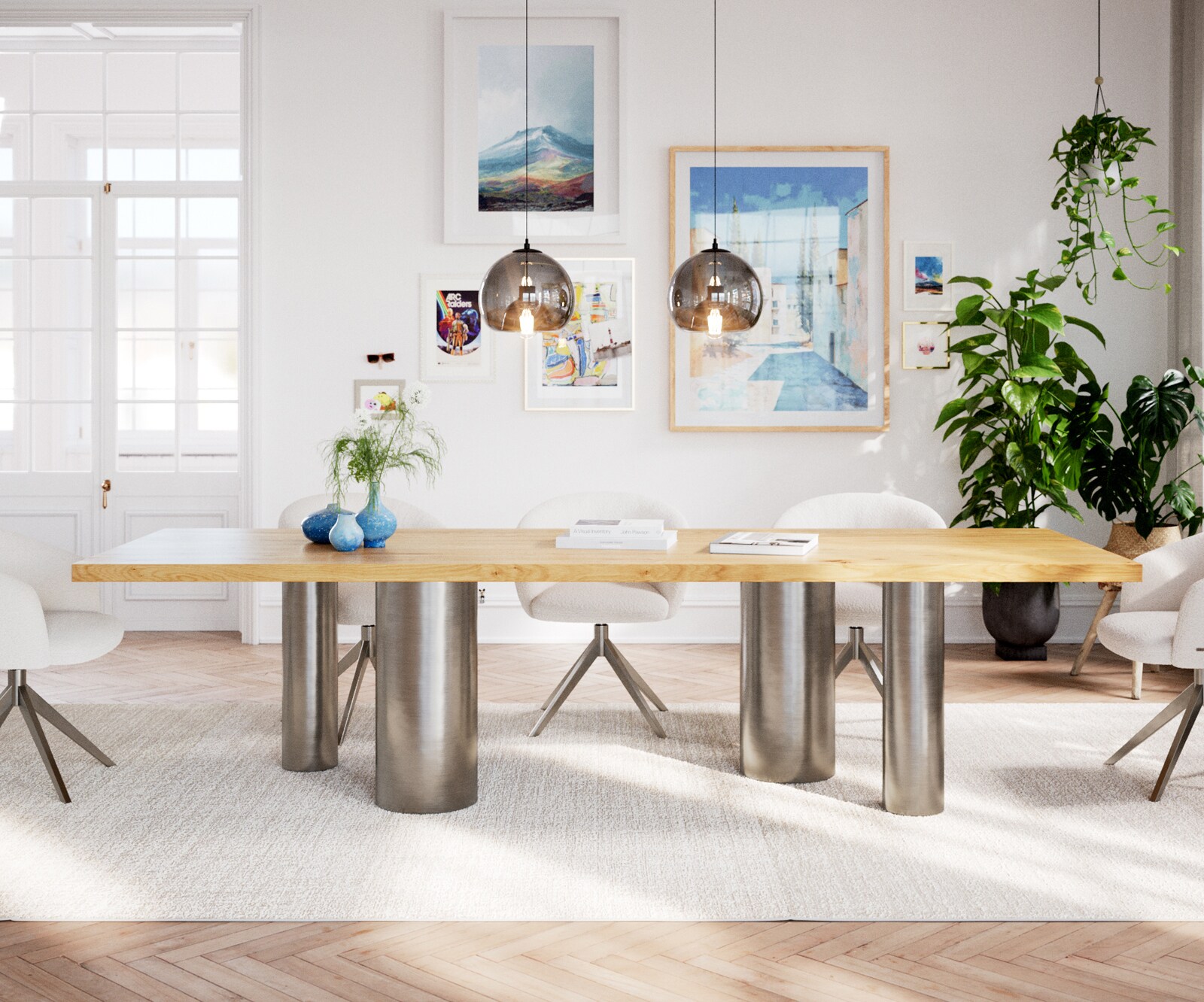 Eetkamertafel Edge 300x100 eiken natuurPilier roestvrij staal geborsteld 2