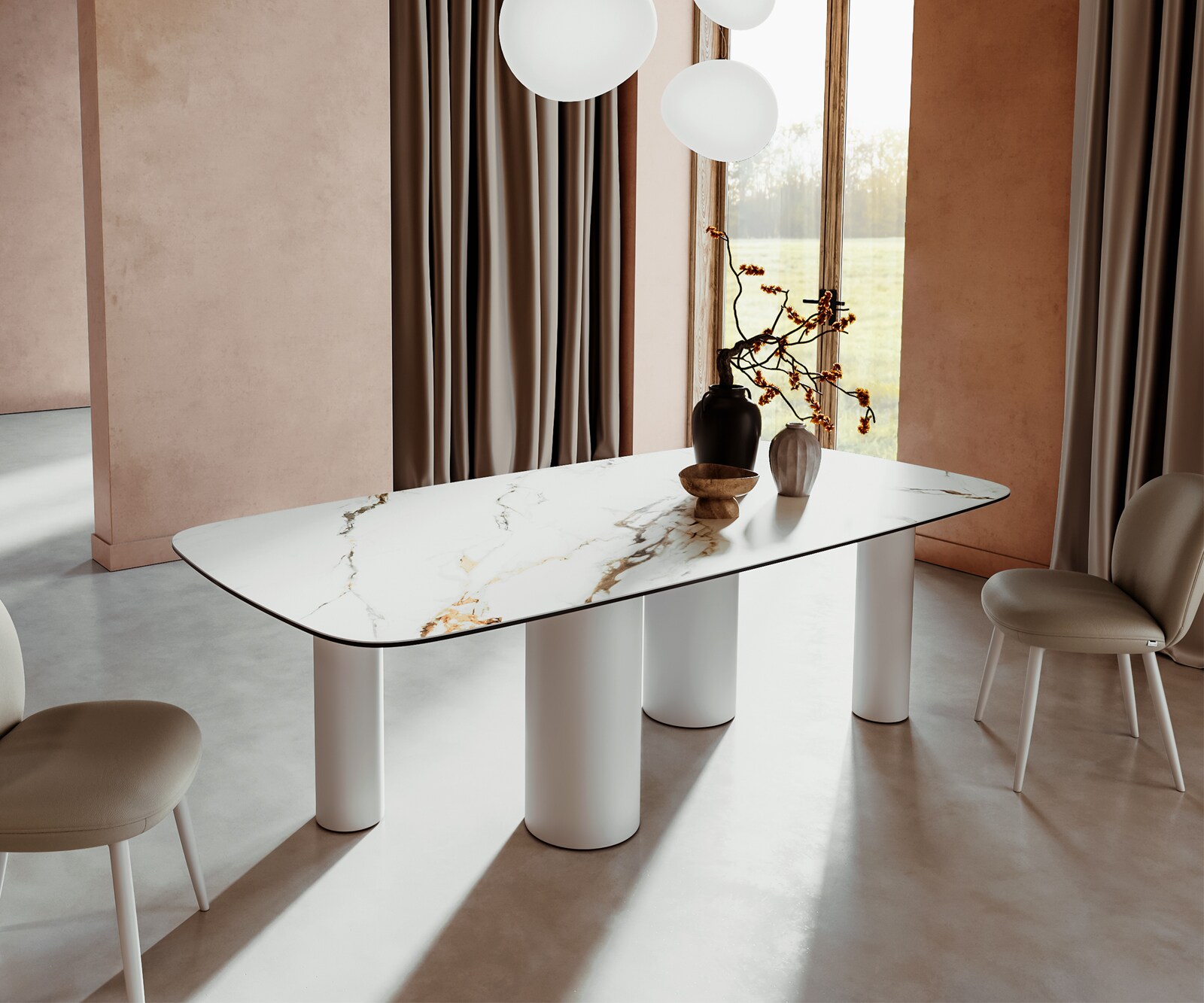 Eetkamertafel Edge Boot 240x120 keramiek Calacatta Luxe wit-Gold-grijs Pilier metaal wit 1
