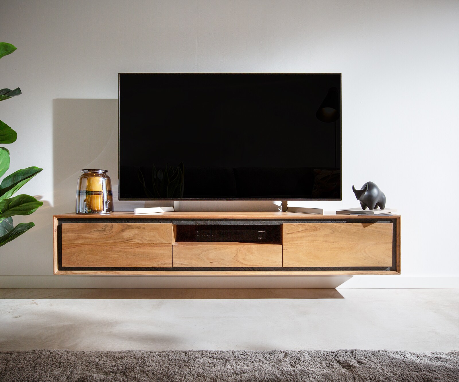 Tv-meubel Stonegrace 175 cm acacia natuur 2 deuren 1 legplank 1 lade steenfineer zwevend 1