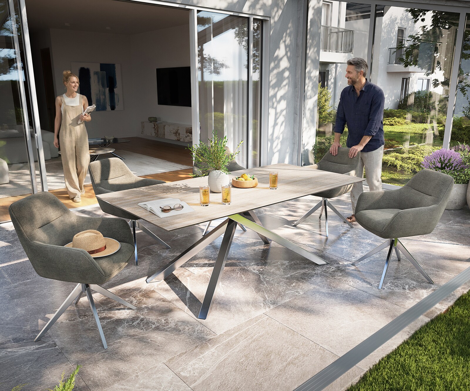 Outdoortafel Edge 200x100 cm keramiek Laminam® Travertino Bianco crème-wit kruispoot rechthoekig roestvrij staal