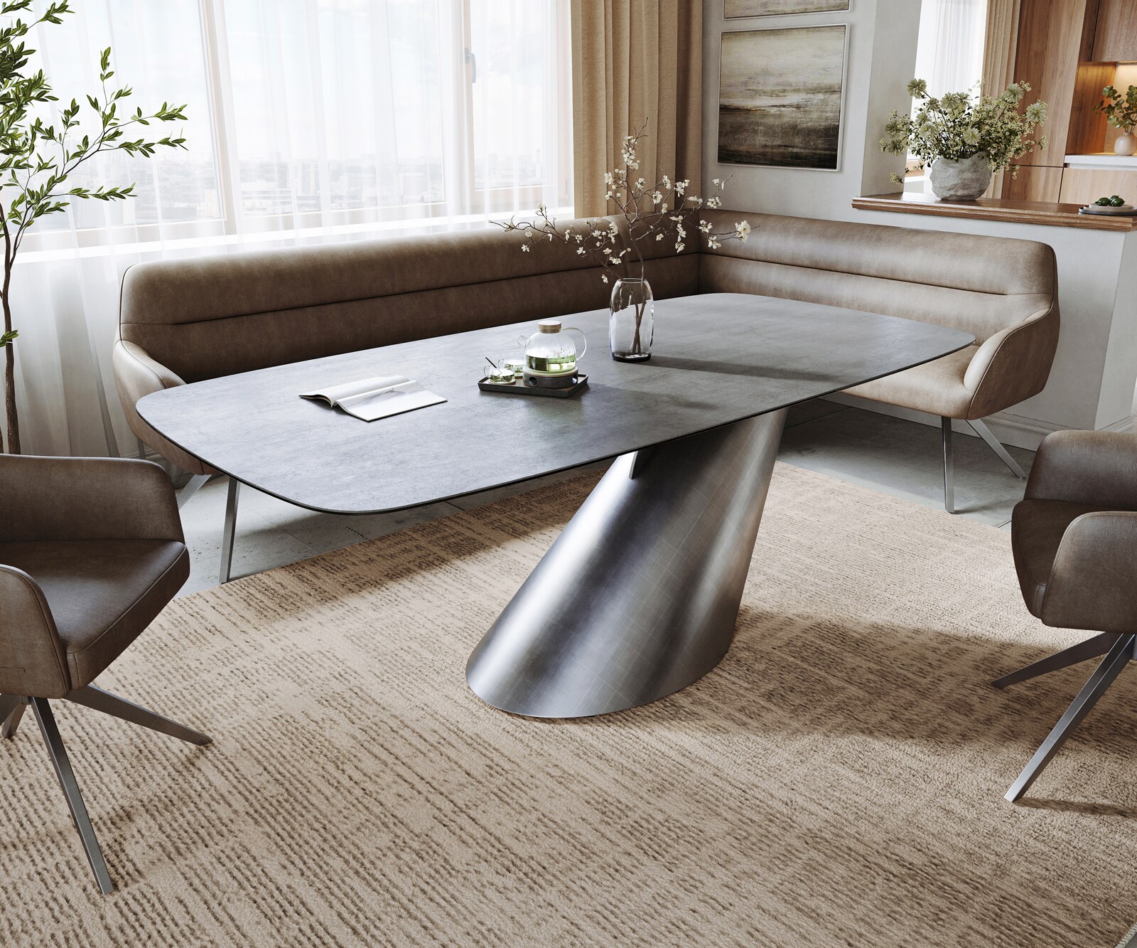 Eettafel Edge boot 200x100 cm keramiek beton grijs Cono metallic zilver