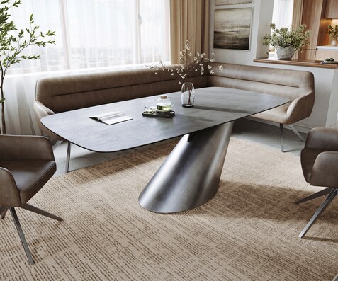 Eettafel Edge boot 200x100 cm keramiek beton grijs Cono metallic zilver