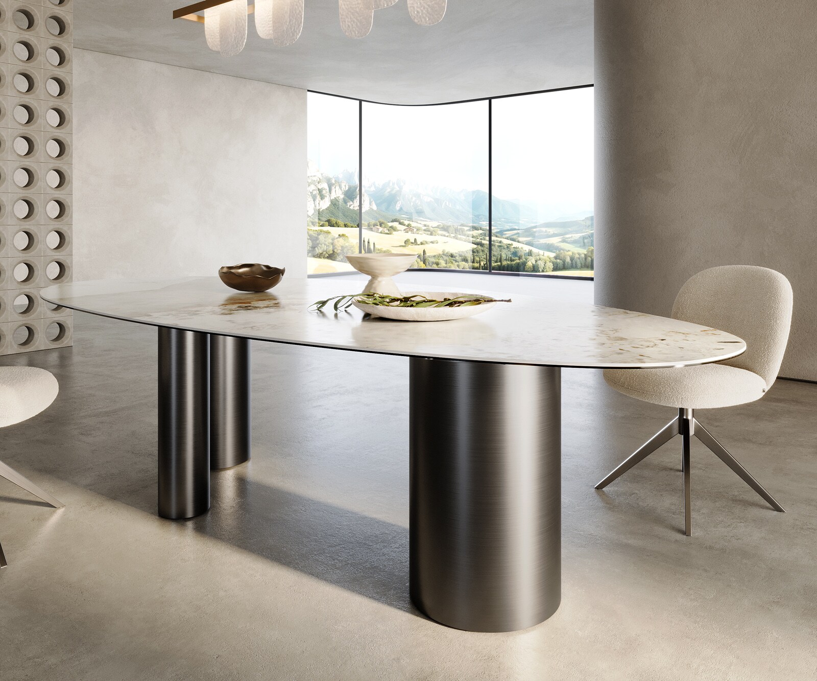 Eetkamertafel Edge ovaal 280x130 keramiek Minas Melange wit-Beige Troa roestvrij staal grafiet 6