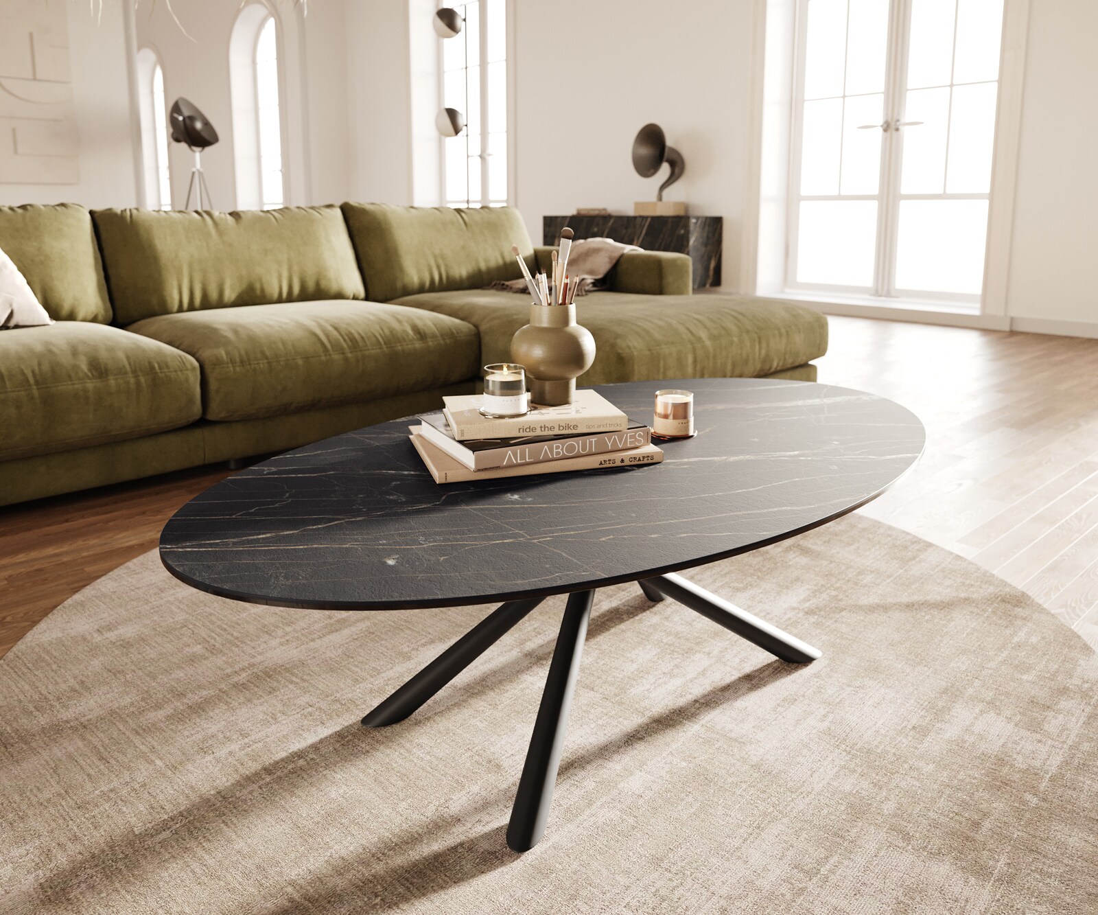 Salontafel Edge Oval 140x80 cm keramiek Laminam® Noir Desir bruin Sarity zwart metaal