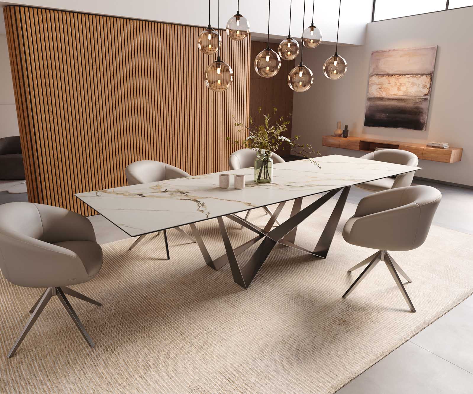Eetkamertafel Edge 300x100 keramiek Calacatta Luxe wit-goud-grijs spider vlak staal RVS 8