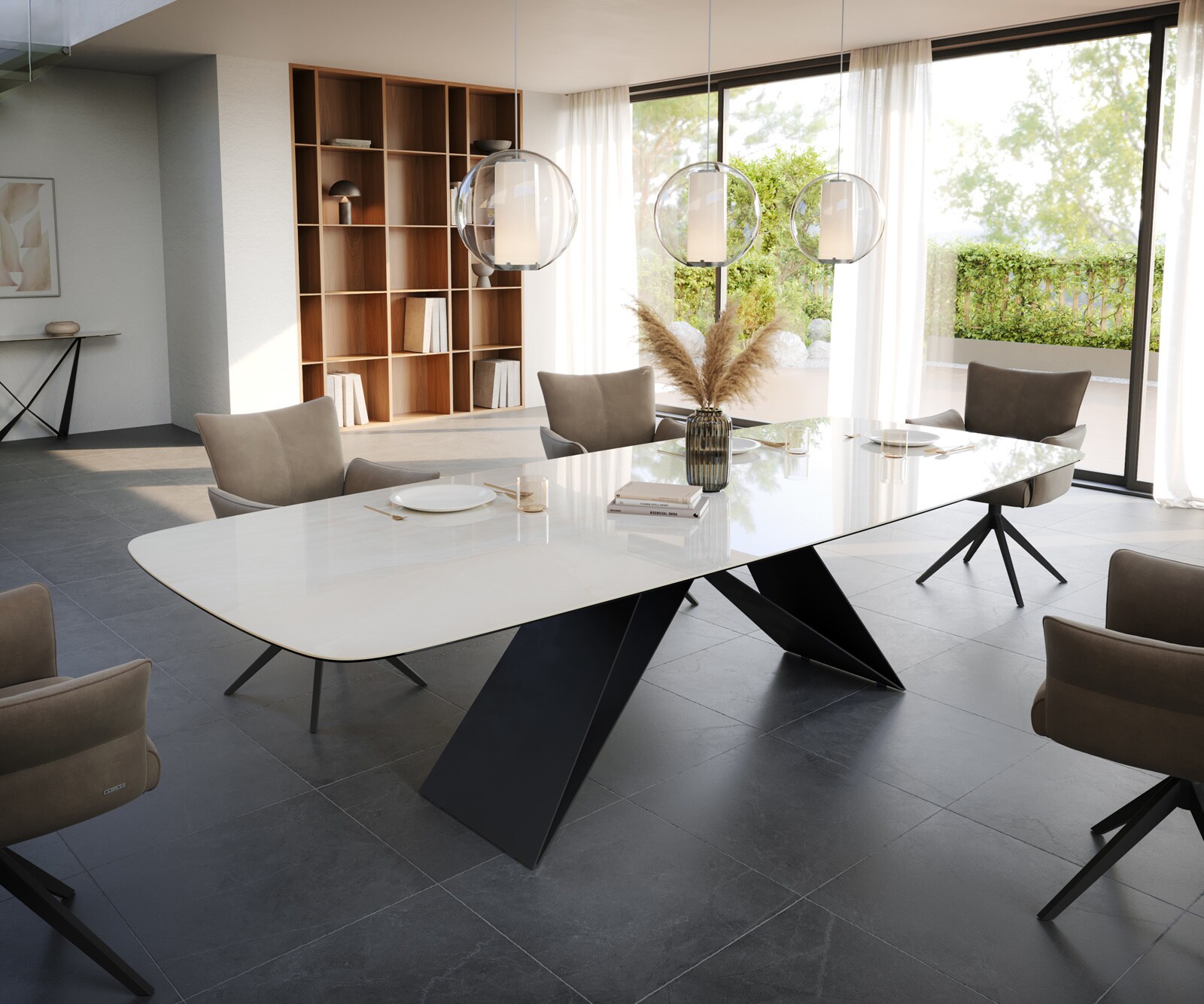 Eettafel Edge Boot 300x120 cm Keramiek Onyx Champagne V-onderstel Platstaal Zwart 1