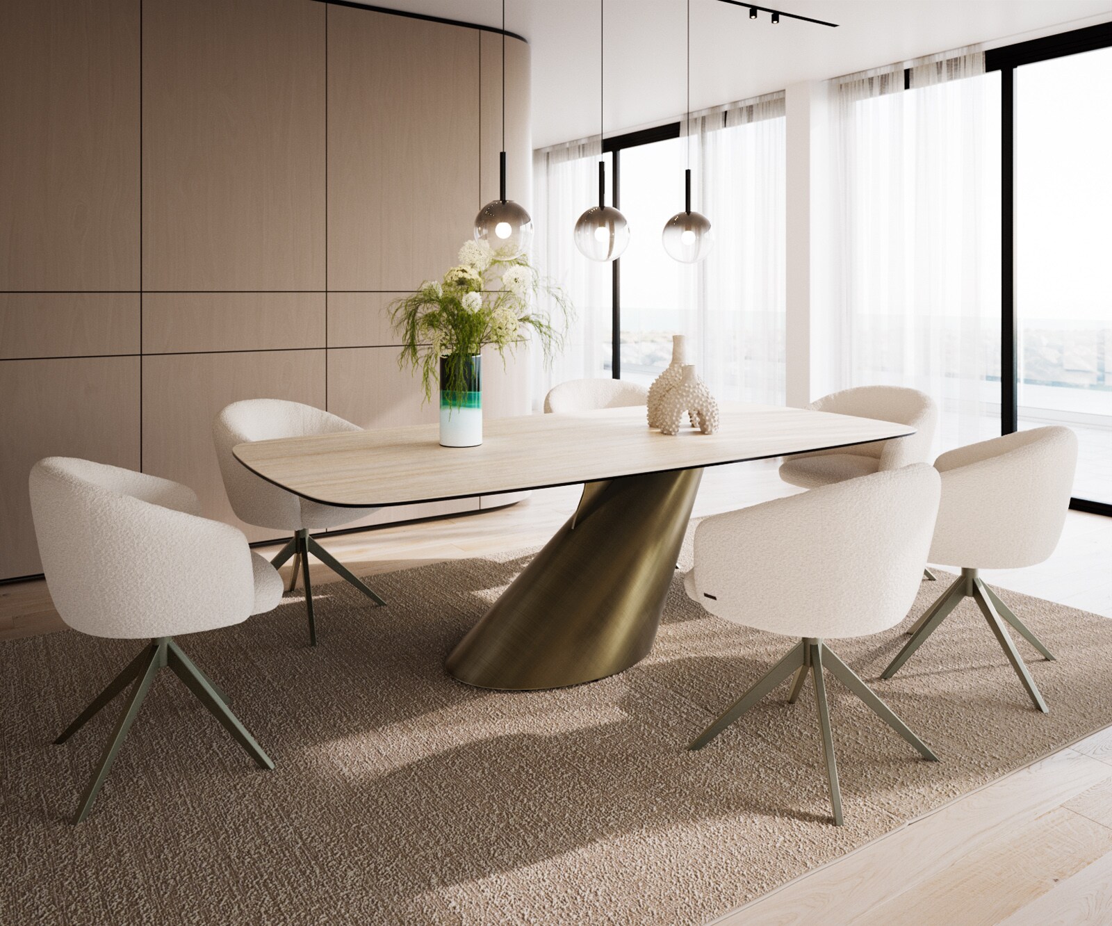Eettafel Edge Boot 240x120 keramiek  Travertin natuur Cono metaal goud 6