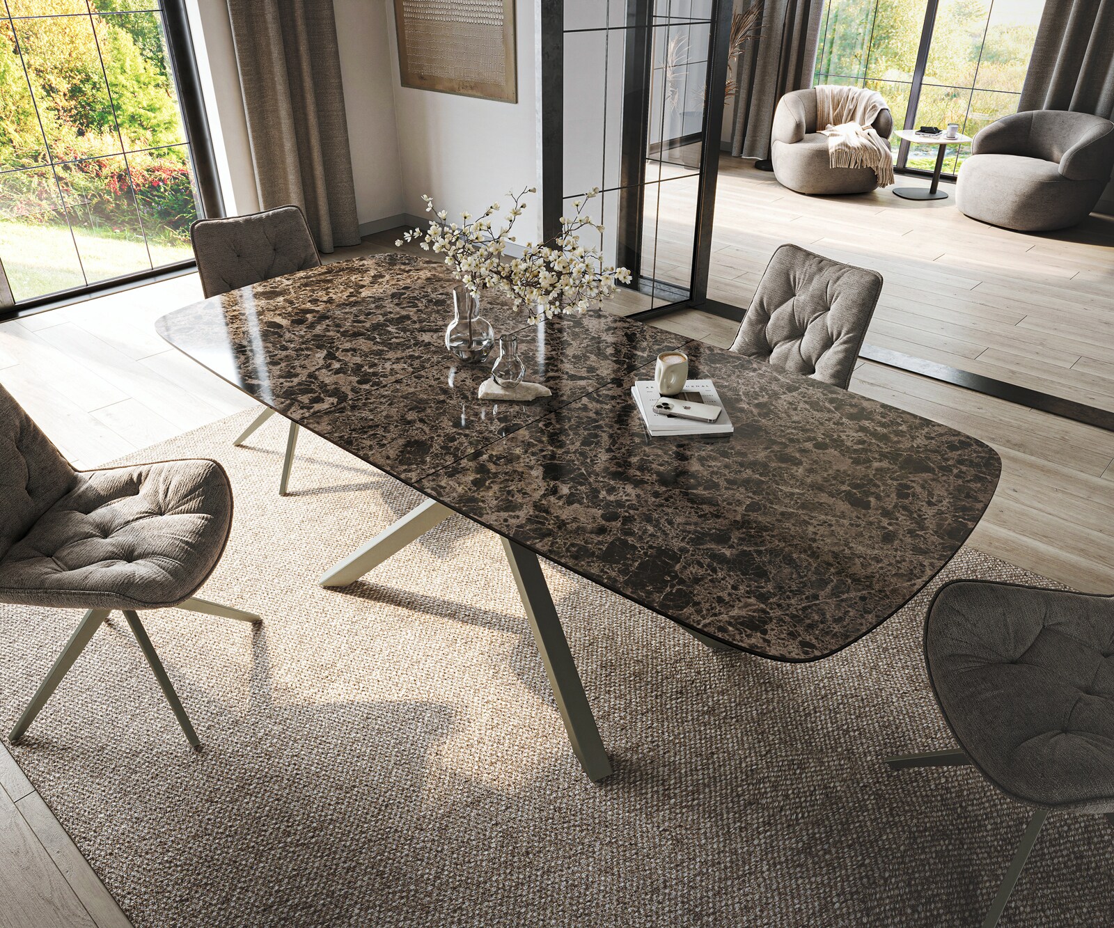 Eettafel Edge Boot 180-220x100 cm Keramiek Emperador Extra Lucidato Donkerbruin Kruisonderstel rechthoekig effectafwerking Titanium uitschuifbaar 4