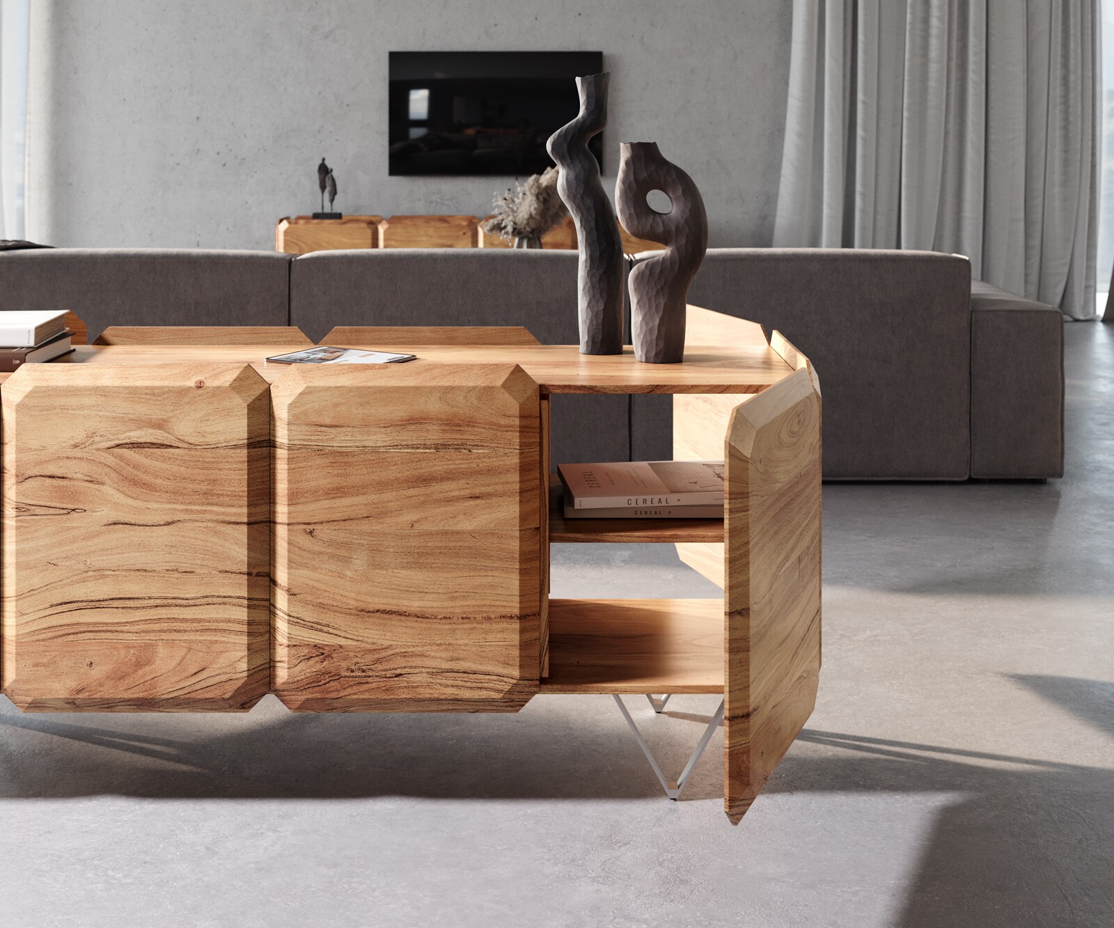 Sideboard Kiano 175 cm Acacia Natuur 4 Deuren V-voet Edelstaal Roomdivider 5