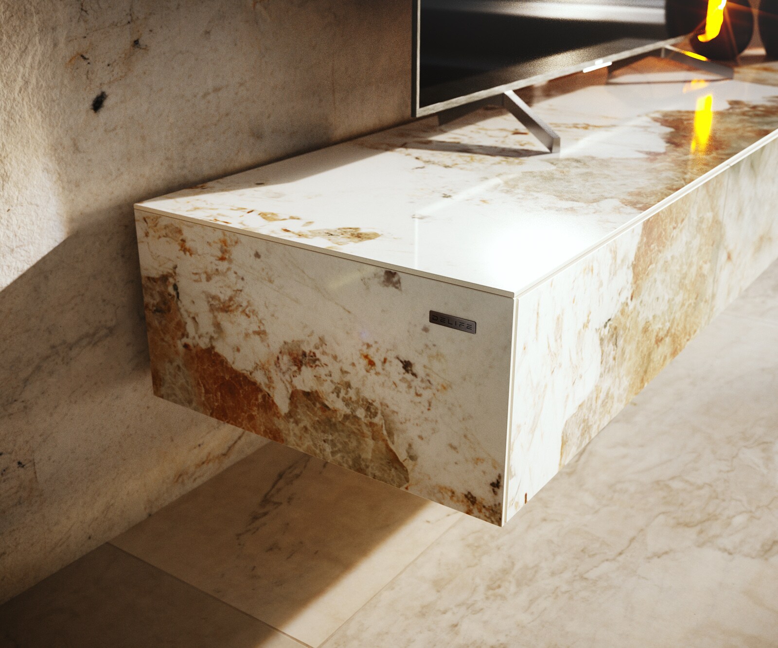 Tv-meubel Cuor 150 cm Keramiek Minas Melange Wit-beige 1 Flap 1 Lade Zwevende voet look Acrylglas 6