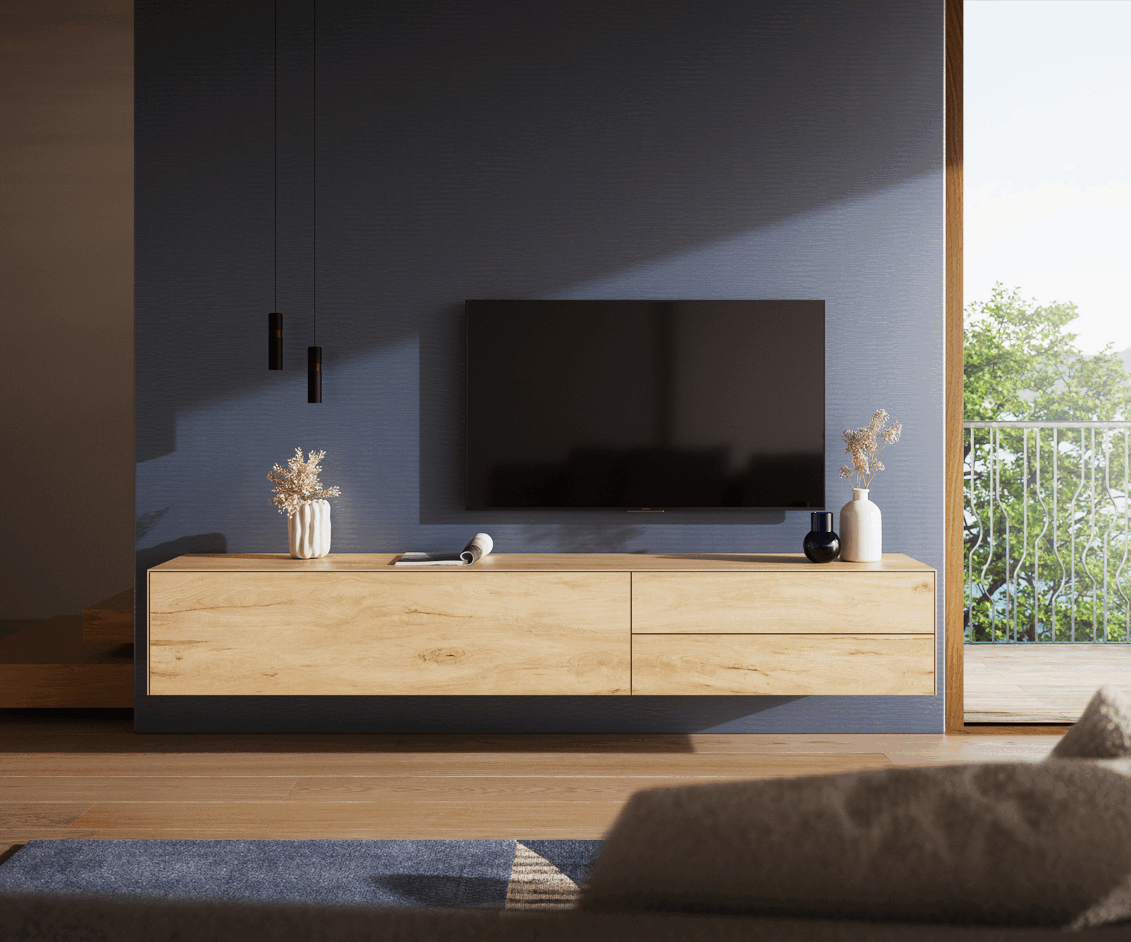Tv-meubel Cuor 220 cm Keramiek Laminam® Sabbia Eiken gekleurd 1 Flap 2 Laden Zwevend 1