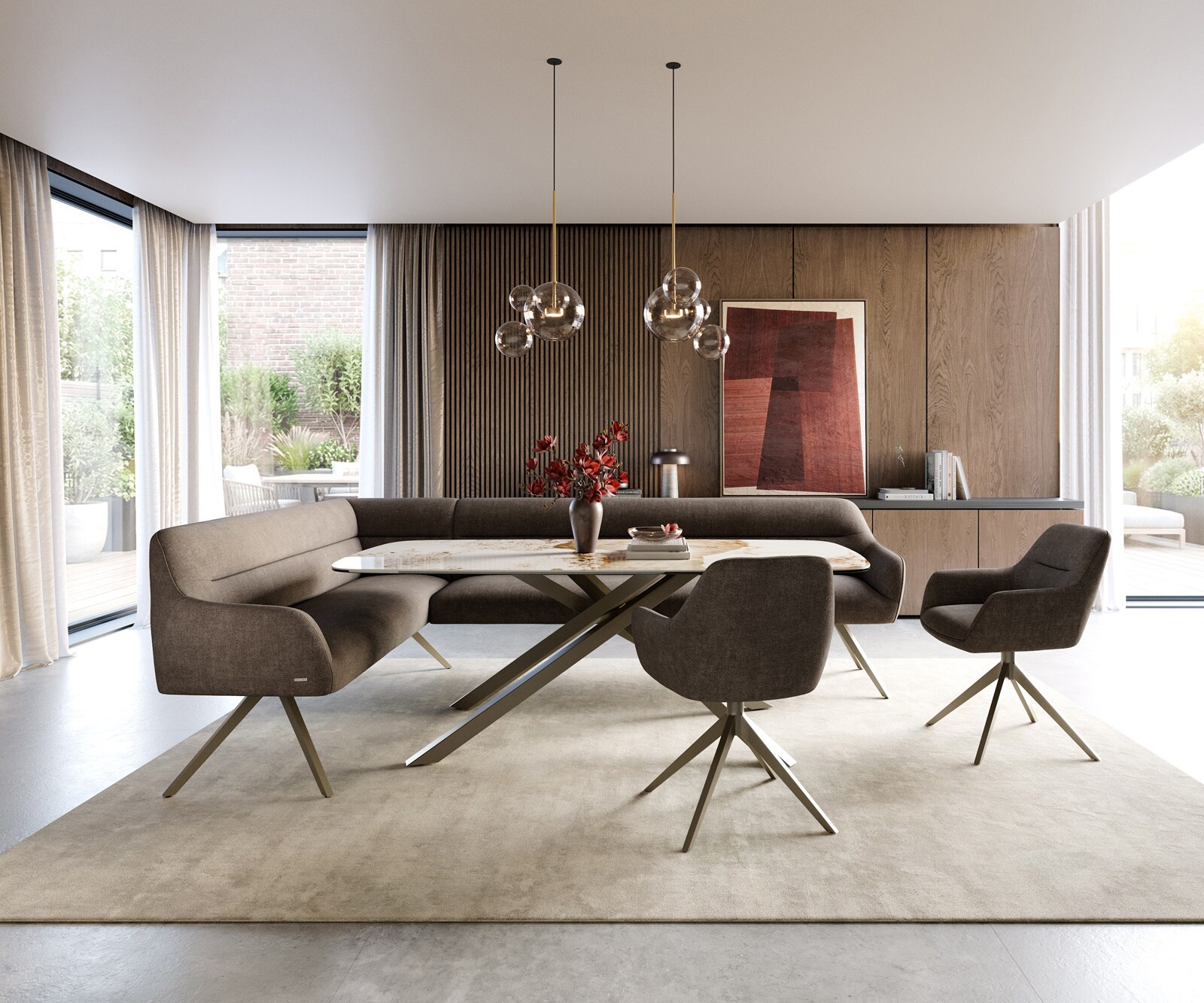 Eetkamerbank Taya-Flex 285x190 cm zachte stof met structuur taupe hoekig kruisframe afwerking met titaniumeffect pocketvering rechts 1