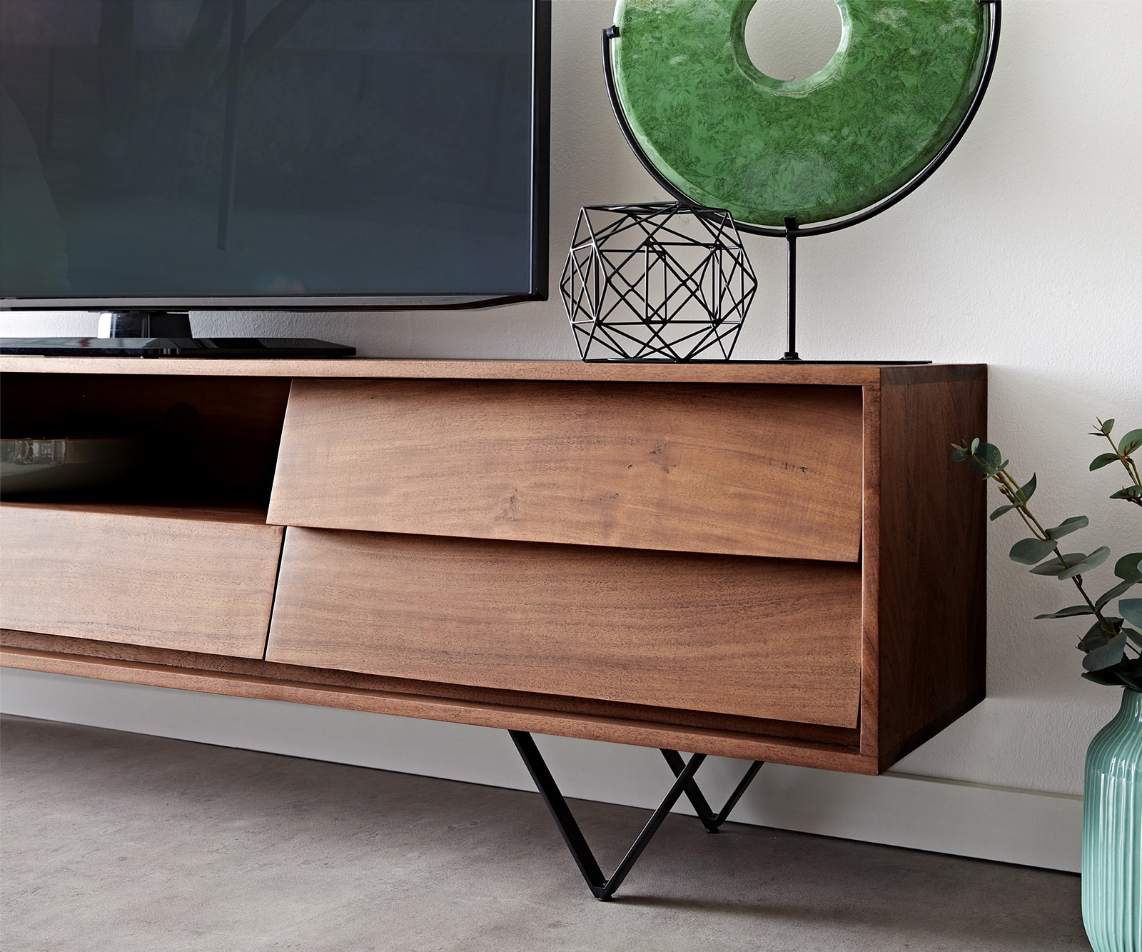 TV-Meubel Eloi Acacia Bruin 200x35 cm 2 Deuren 1 Lade V-Poot Zwart 4 TV-Meubel Eloi Acacia Bruin 200x35 cm 2 Deuren 1 Lade V-Poot Zwart 4