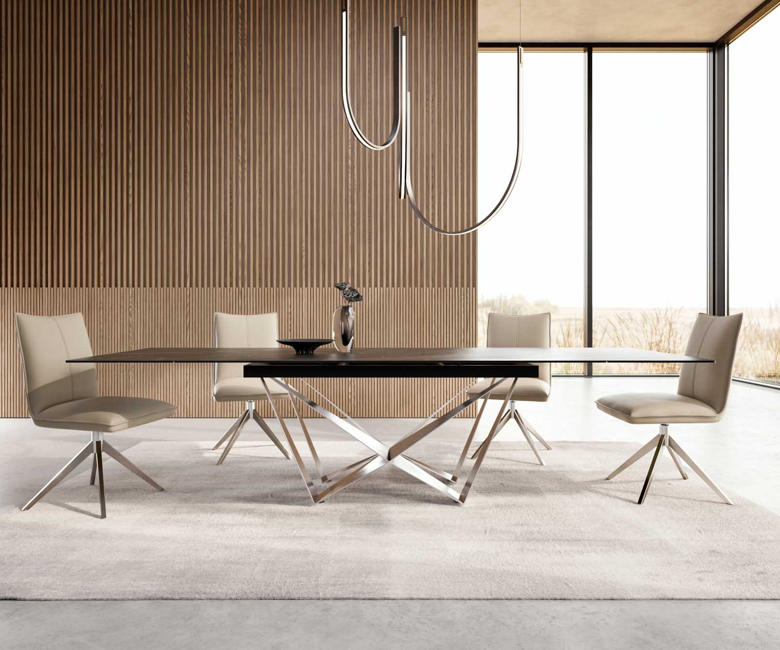 Eetkamertafel Edge 200-300x100 keramiek Laminam®Noir Desir bruin spider vlak staal RVS uitschuifbaar 2