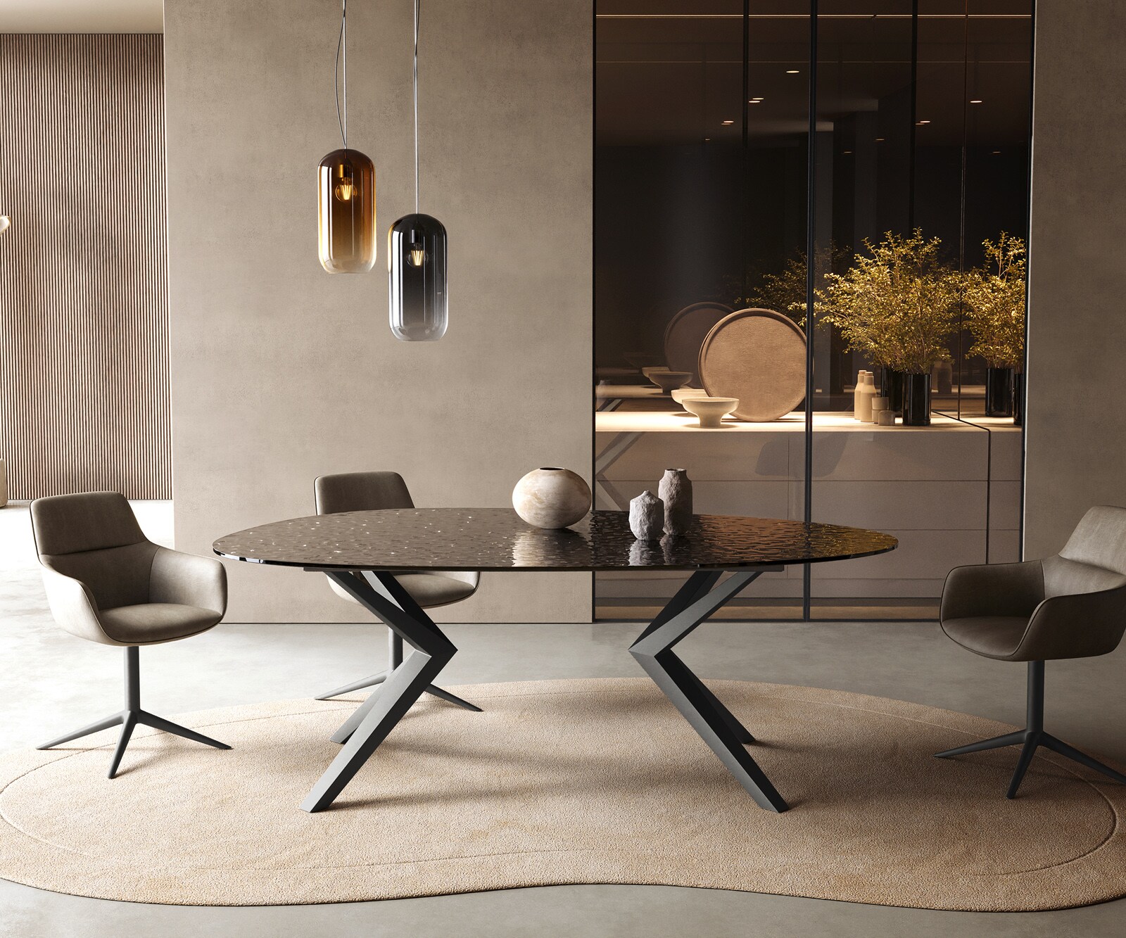 Eetkamertafel Edge ovaal 220x120 reliëfglas Rauchzwart 3D-Design Zenthara hoekig metaal zwart 1