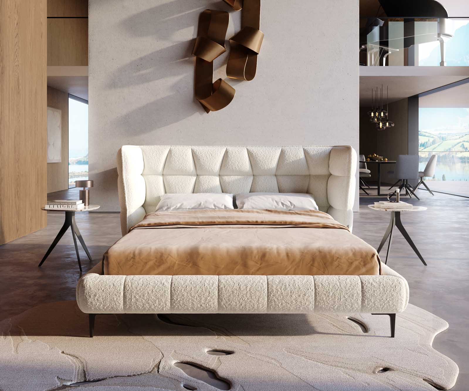 Gestoffeerd-bedframe Capujo 140x200 cm Bouclé Crème-Wit 1