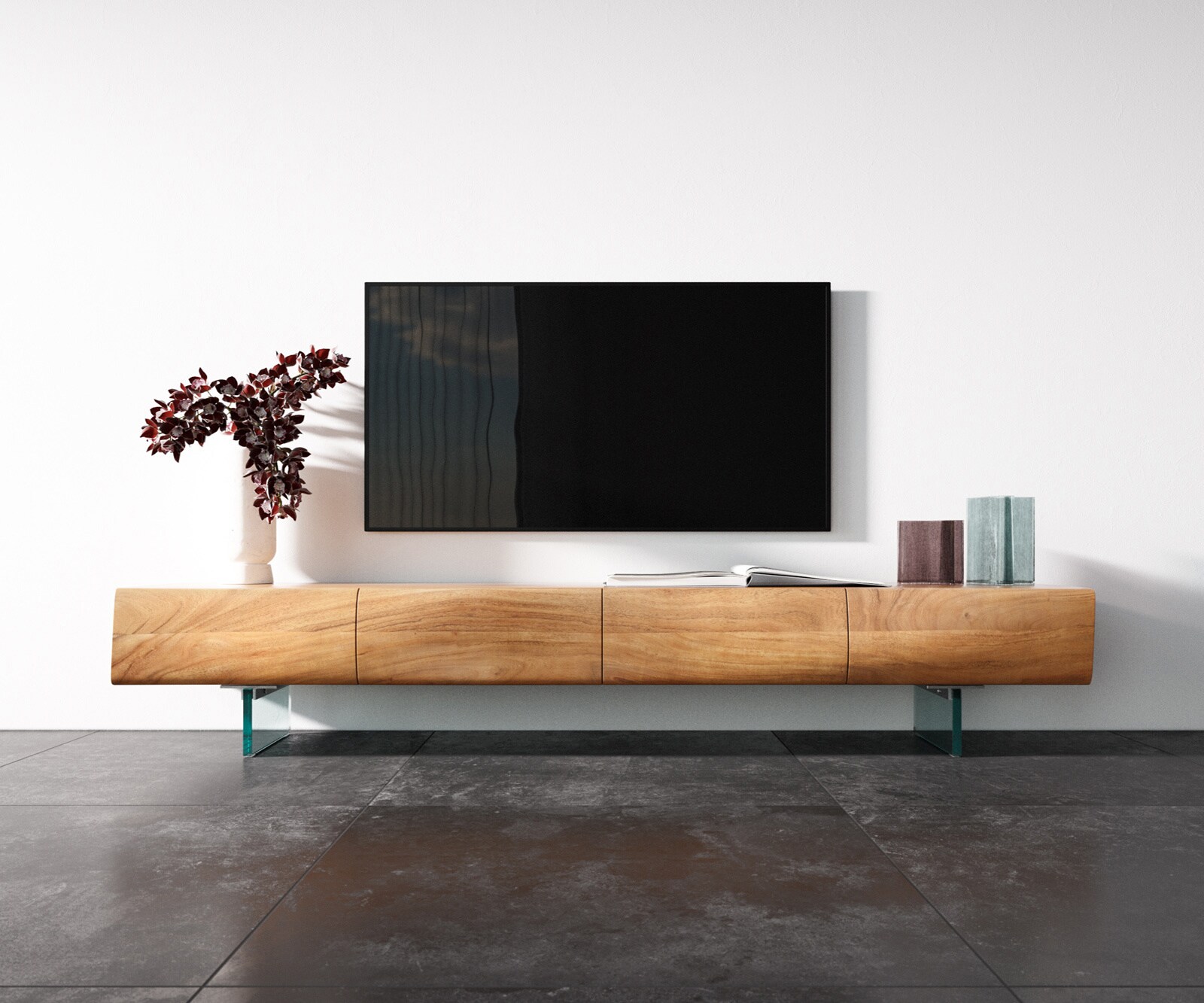 TV-meubel New Live-Edge 200 cm acacia natuur  4 deuren glazen poot 3