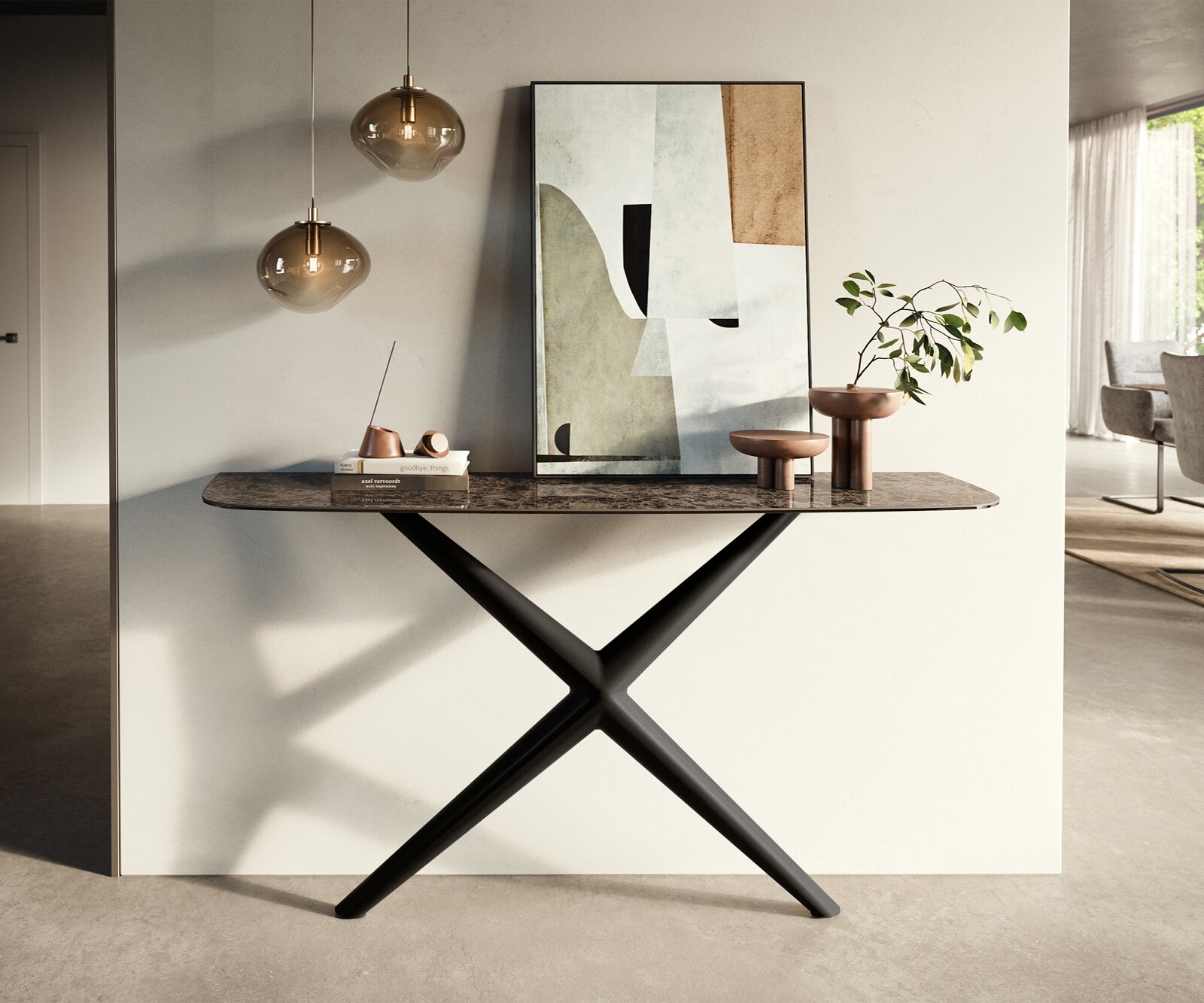 Consoletafel Edge Bootvorm 140x40 cm Keramiek Emperador Extra Lucidato Dunkelbraun Estelo Metaal Zwart