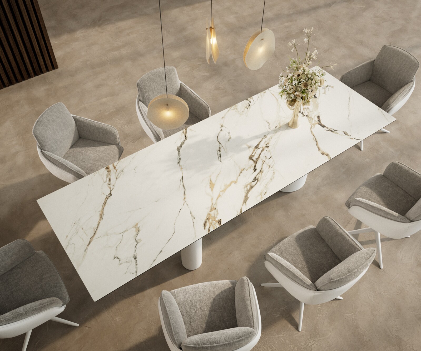 Eetkamertafel Edge 300x100 keramiek Calacatta Luxe wit-Gold-grijs Troa metaal wit 3
