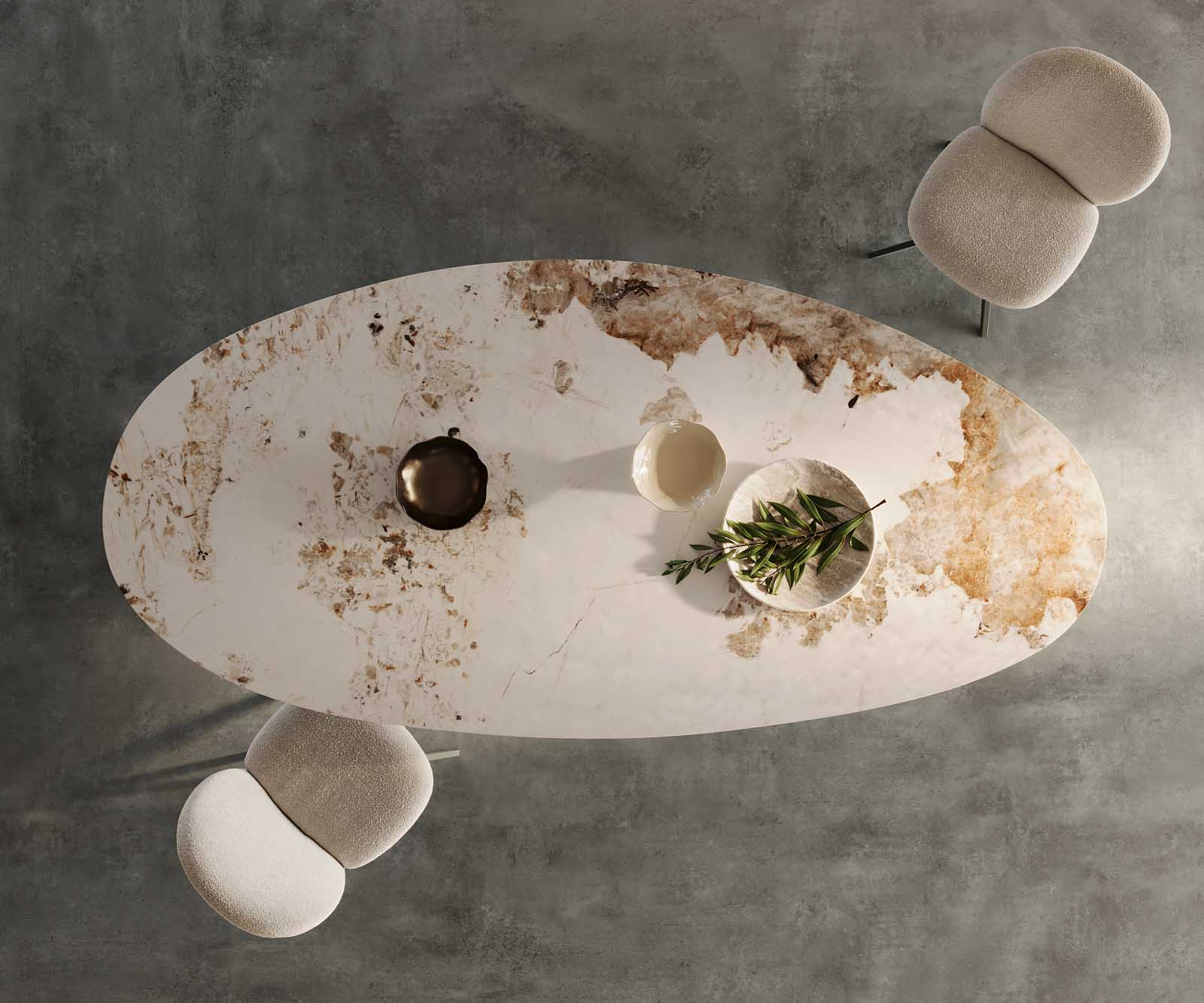 Eettafel Edge ovaal 280x130 keramiek Minas Melange wit-beige Infinity metaaleffect afwerking titanium 4