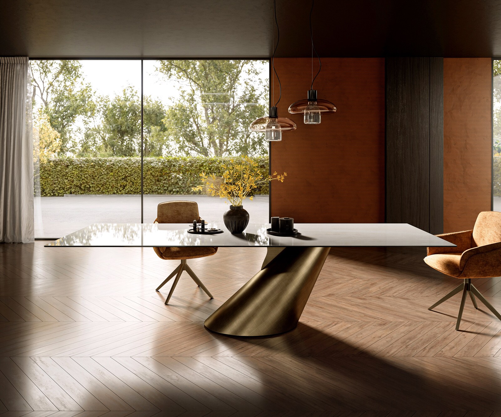 Eettafel Edge 300x100 cm keramiek Onyx Champagne Cono metallic goud 2