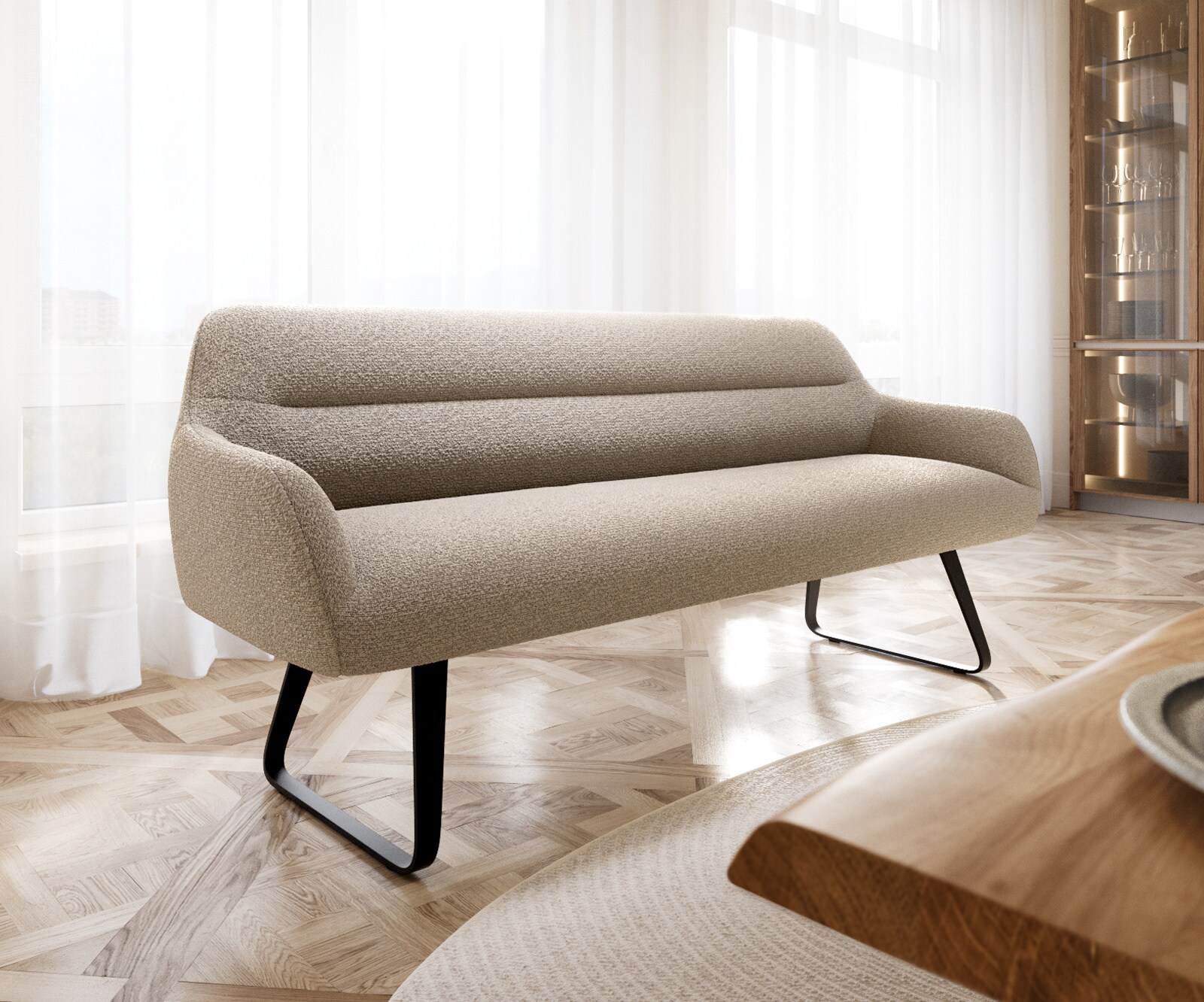 Eetkamerbank Taya-Flex 200 cm bouclé mud platte sledebasis zwart pocketvering 1