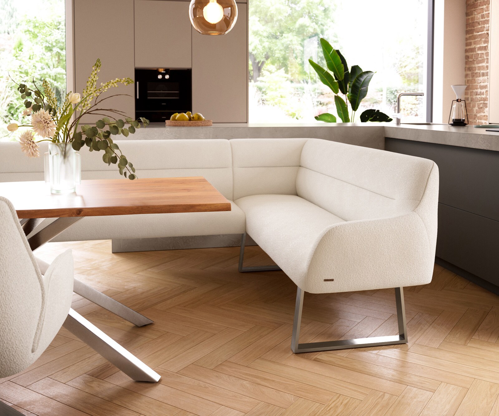 Eetkamerbank Taya-Flex 285x190 cm bouclé crème-wit gekant sledeframe roestvrij staal pocketvering links 5