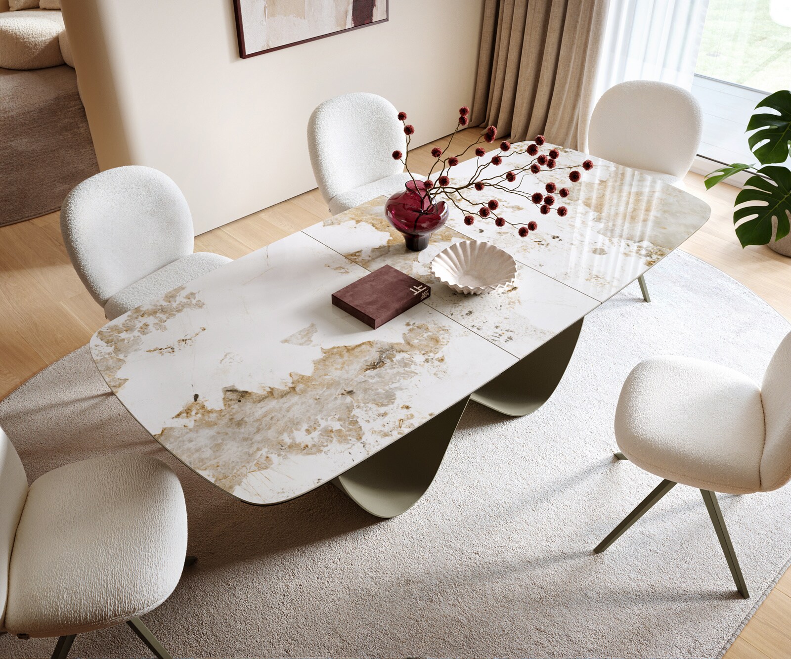 Eettafel Edge Boot 180-220x100 Keramiek Minas Melange Wit-beige Infinity metaal effect afwerking titanium Uitschuifbaar 4