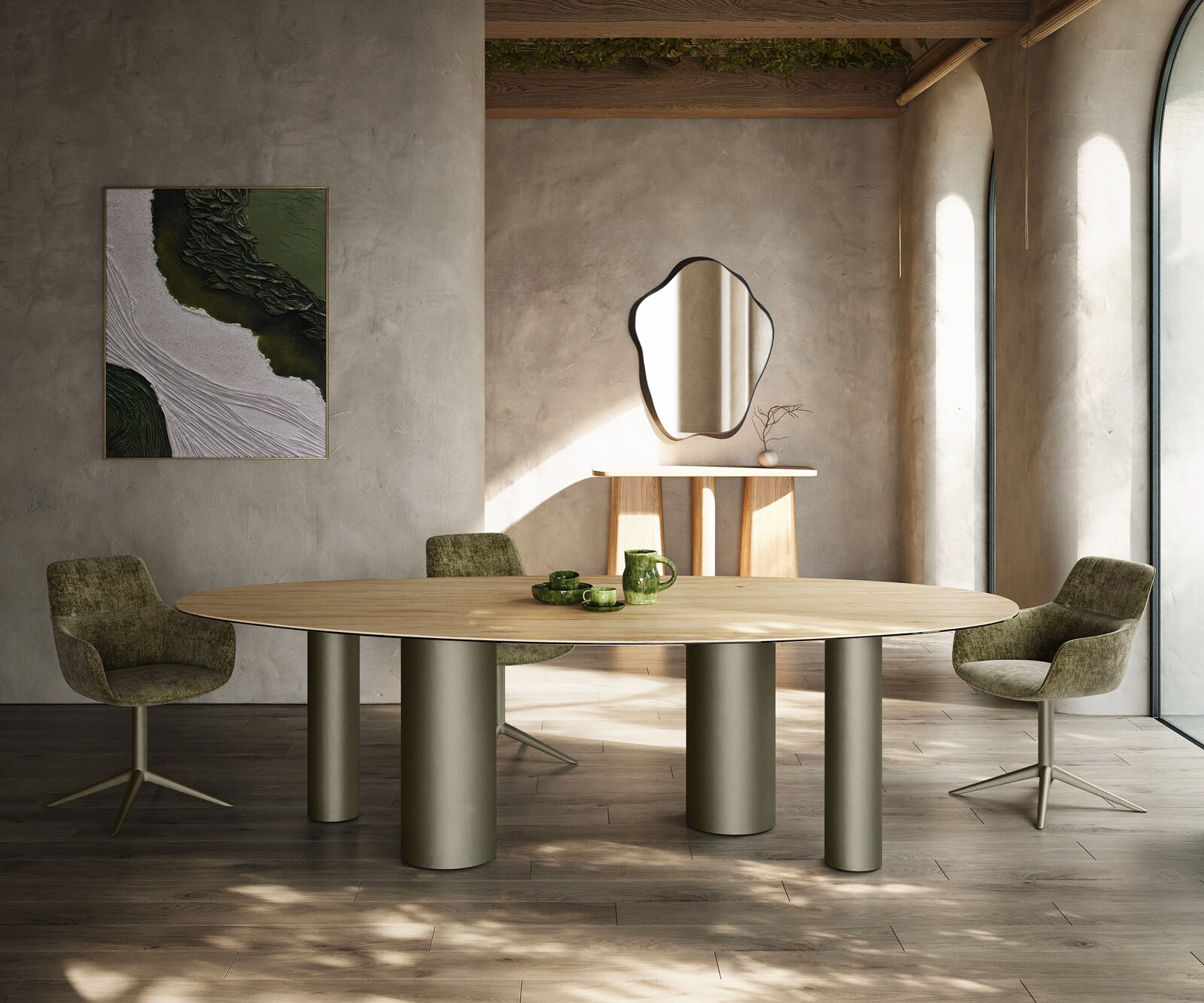 Eetkamertafel Edge ovaal 280x130 keramiek Laminam® Sabbia eiken kleur Pilier metaal effectafwerking titaan 2