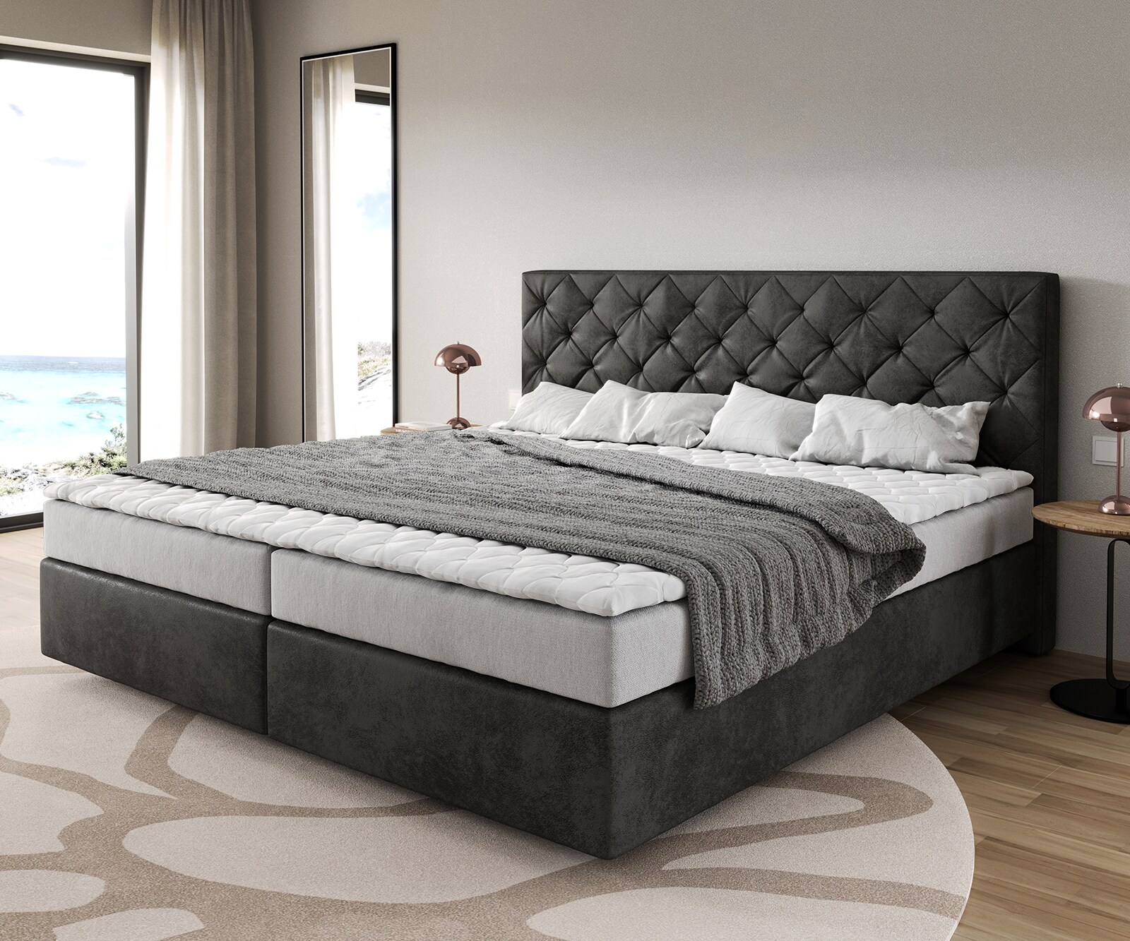 Boxspringbed Dream-Fijn microvezel antraciet vintage 200x200 cm Bonell matras PU topper