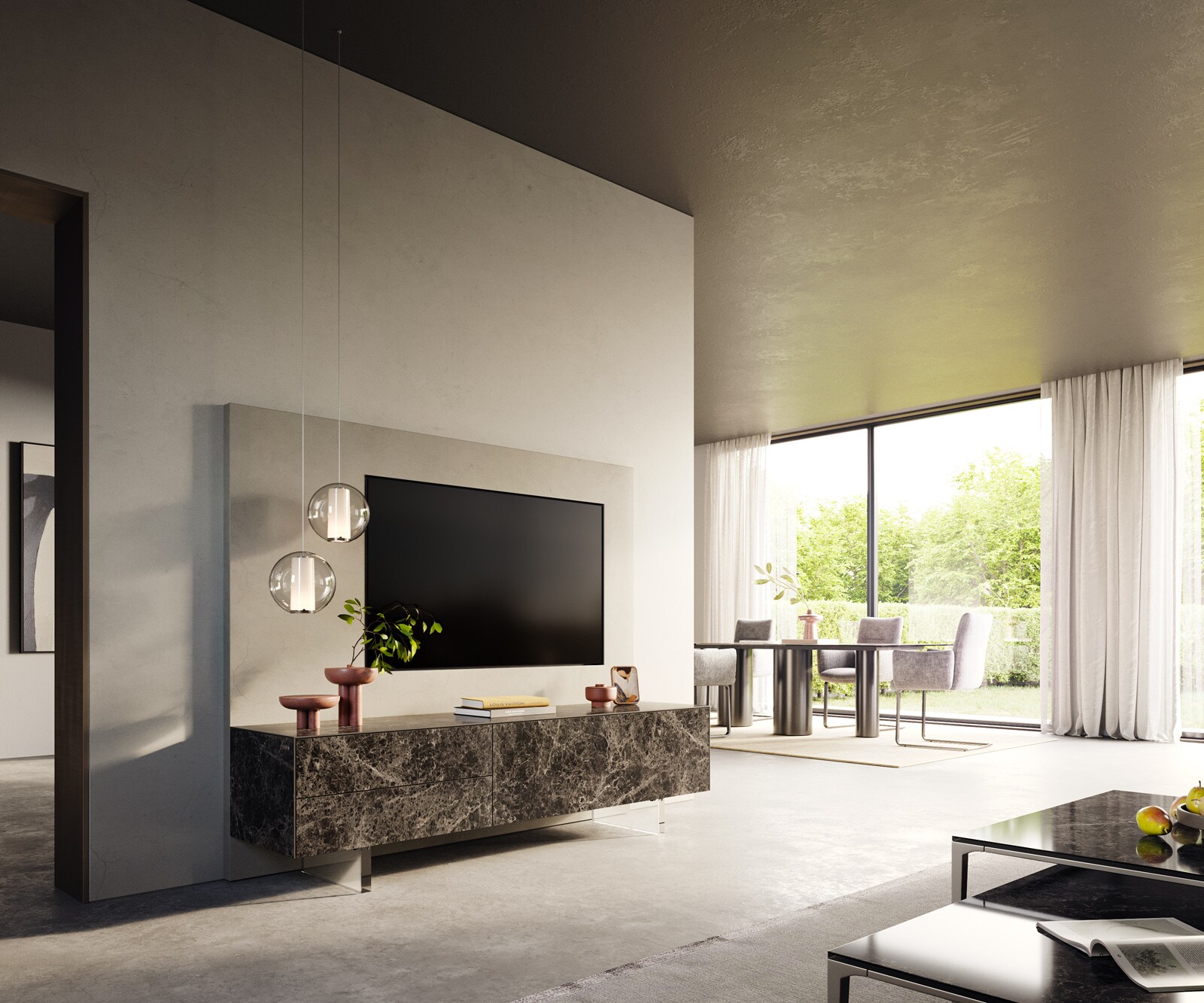 Tv-meubel Cuor 180 cm Keramiek Laminam® Emperador Extra Lucidato Donkerbruin 1 Flap 2 Laden Zwevende voet look Acrylglas 7
